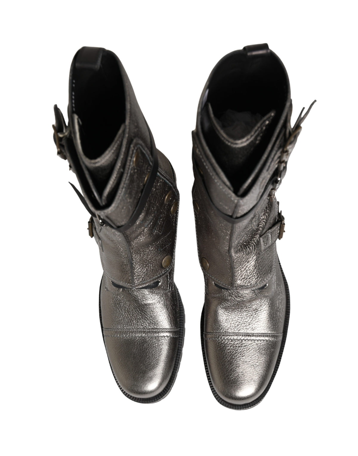 Elevate your style with Dolce & Gabbana's Metallic Leather Buckle Combat Boots, a testament to Italian craftsmanship and bold luxury, perfect for the discerning individual.