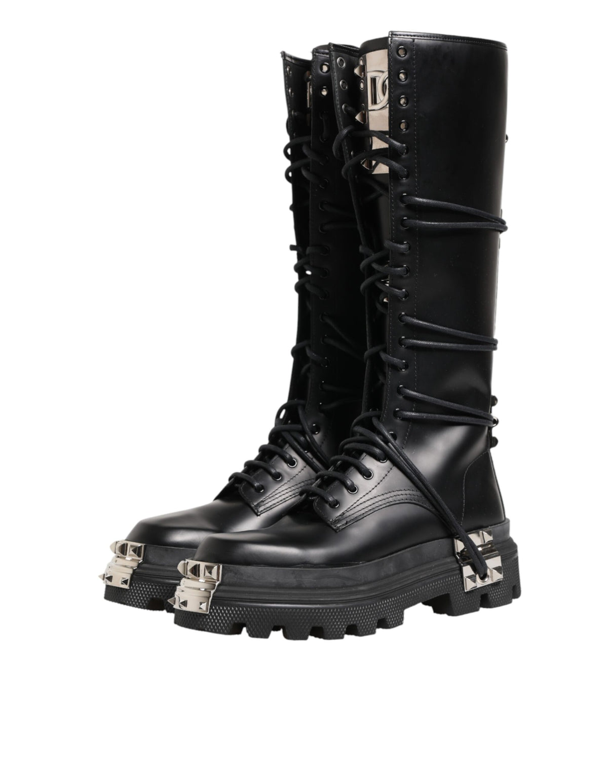 Indulge in the exquisite elegance of Dolce & Gabbana's Black Leather Knee High Combat Boots, crafted from premium spazzolato leather for a bold, luxurious statement.