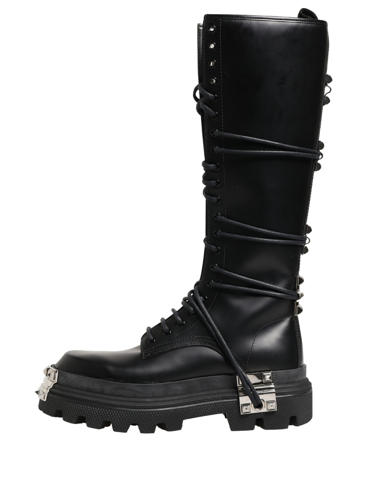 Elevate your style with Dolce & Gabbana's Black Leather Knee High Combat Boots, crafted from premium spazzolato leather, embodying luxury and rugged elegance.