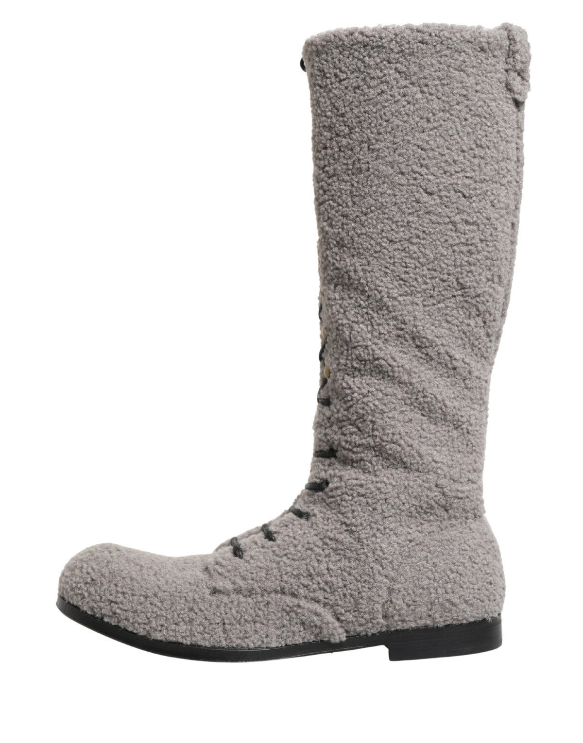 Elevate your winter style with Dolce & Gabbana's Gray Shearling Lace Up Knee High Boots, crafted from premium riccio shearling for unparalleled luxury and sophistication.