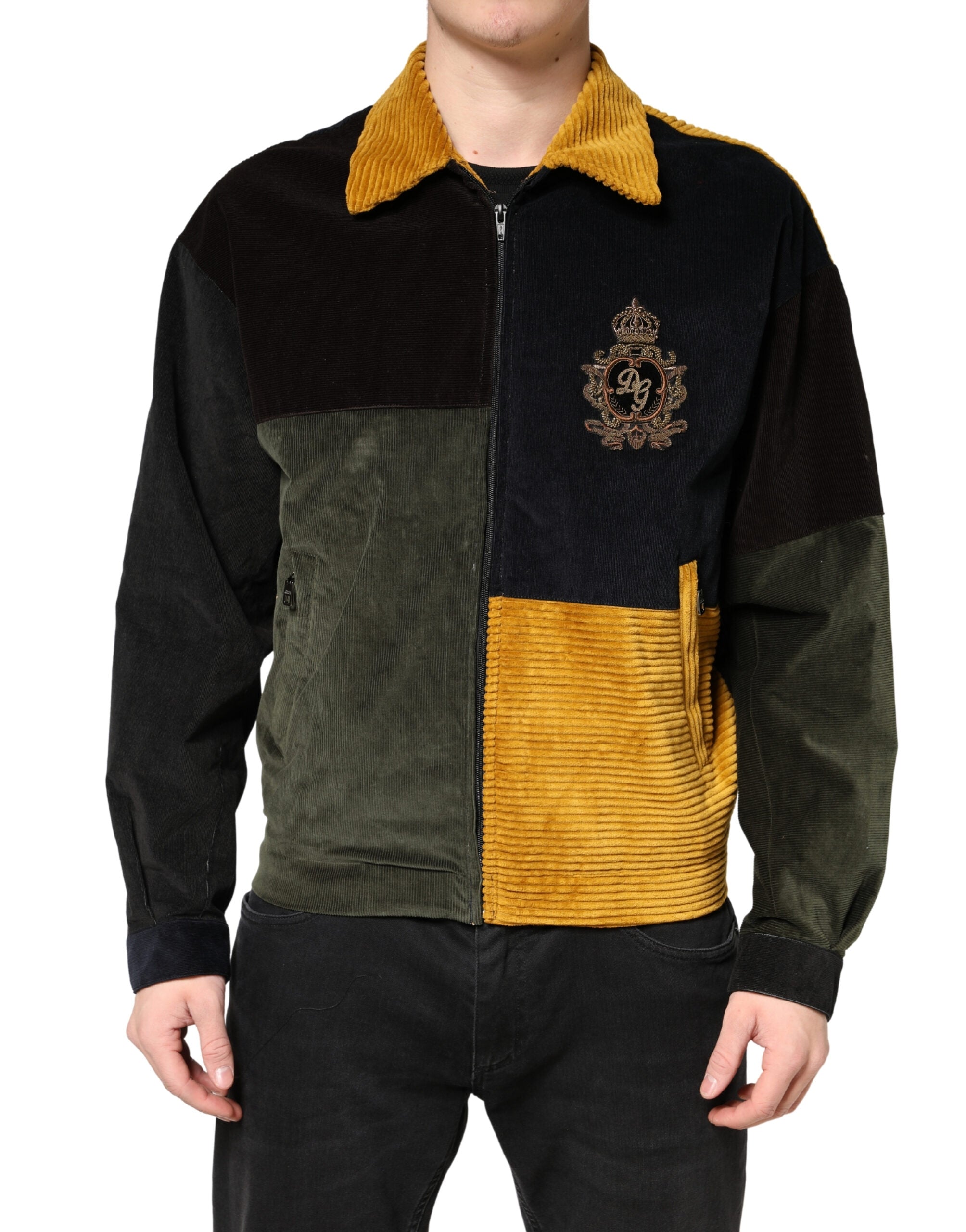 Discover the Dolce & Gabbana Multicolor Patchwork Corduroy Crest Jacket, a masterpiece of Italian craftsmanship that embodies timeless luxury and avant-garde elegance.