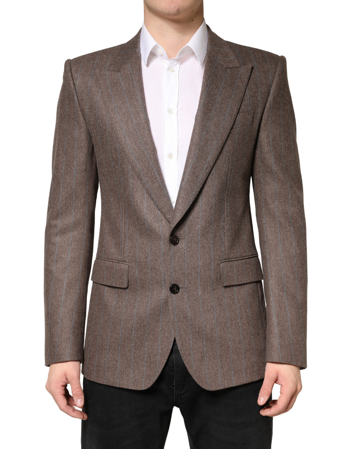 Discover the Dolce & Gabbana Brown Stripes Single Breasted Blazer, crafted from 100% virgin wool and silk lining, epitomizing timeless elegance and Italian craftsmanship for the discerning individual.
