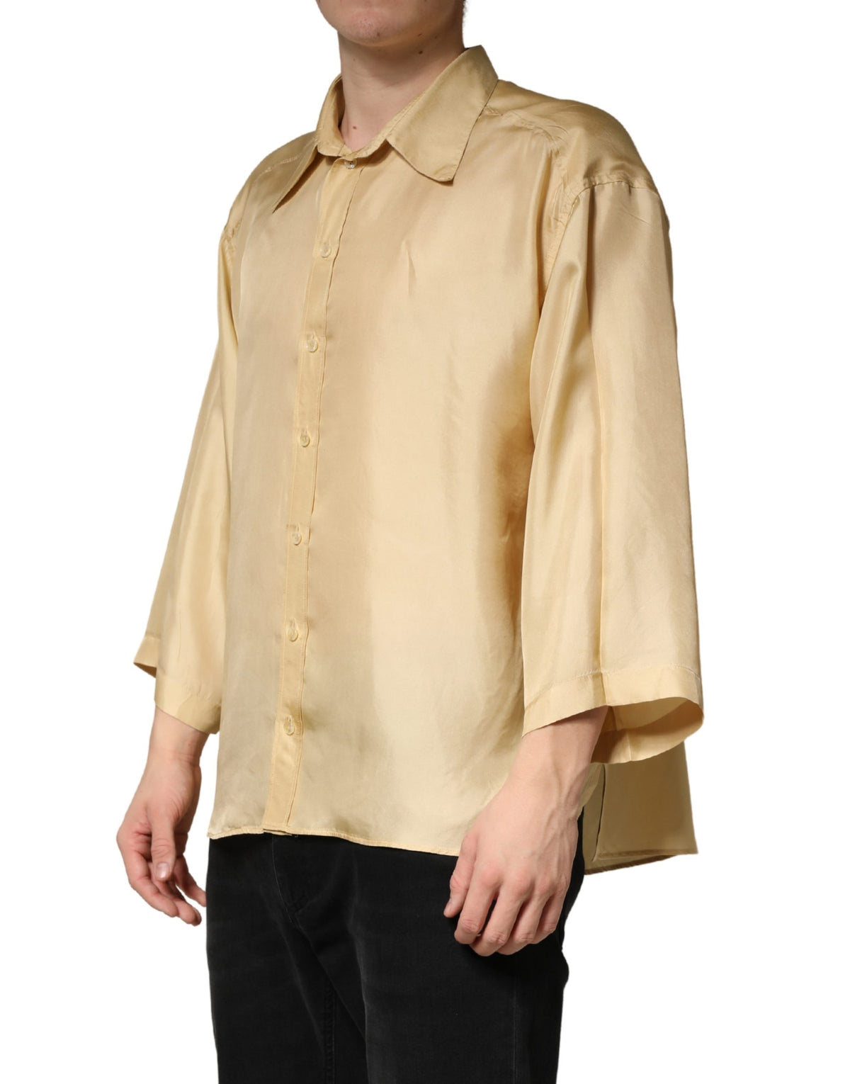 Indulge in the exquisite allure of the Dolce & Gabbana Yellow Silk Button Down Shirt, a luxurious blend of refined craftsmanship and bold elegance, perfect for any occasion.