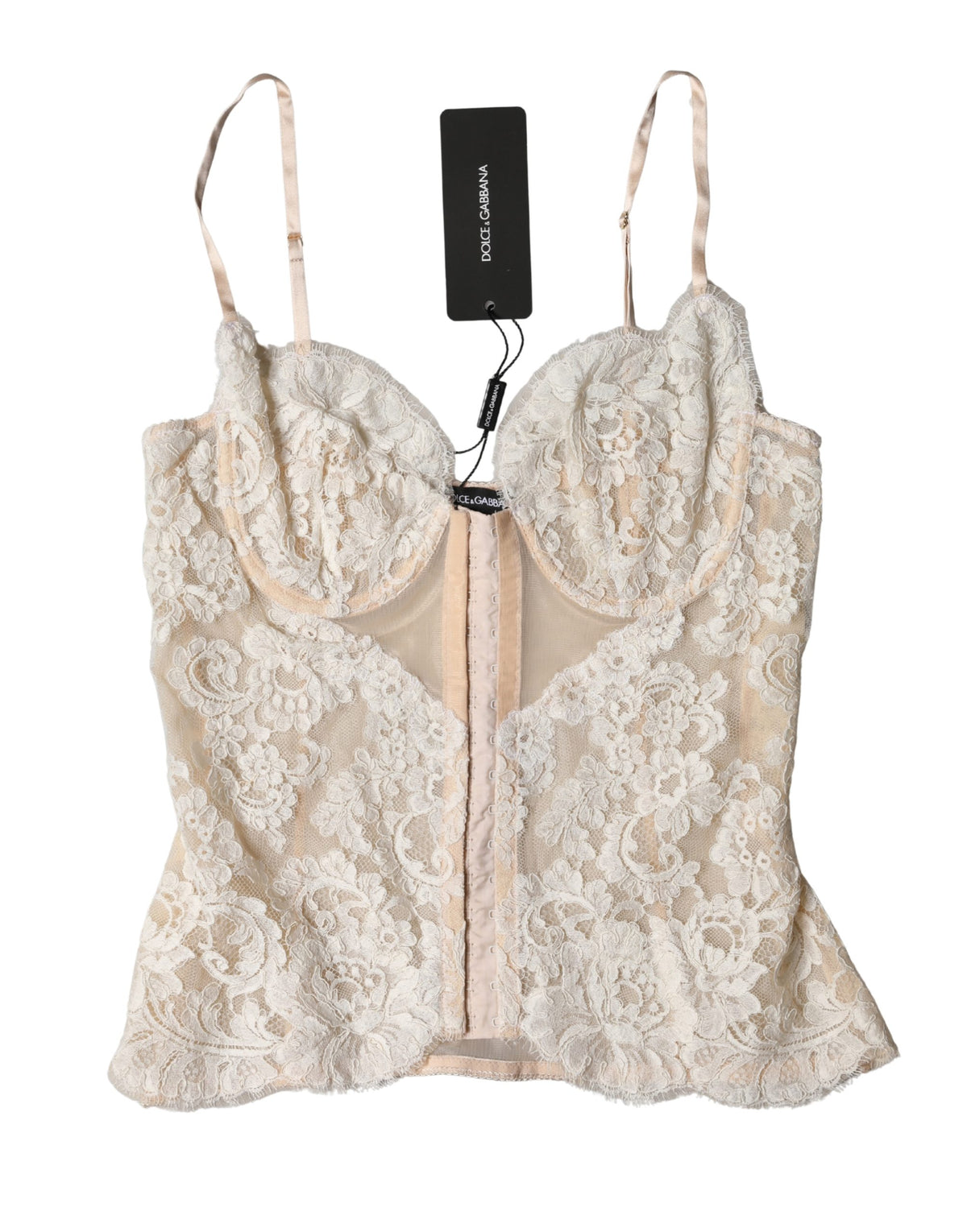 Indulge in the exquisite Dolce & Gabbana Beige Floral Lace Corset, a timeless piece crafted in Italy that enhances your silhouette with sensual elegance and refined luxury.