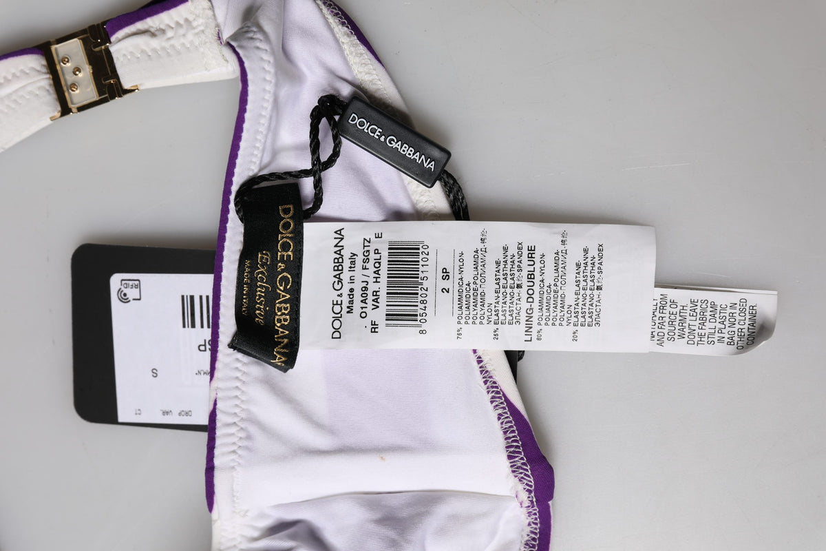 Indulge in the allure of Dolce & Gabbana's Purple White Stripes Nylon Bandeau Swimwear, a luxurious Italian creation that embodies sophistication and timeless elegance.