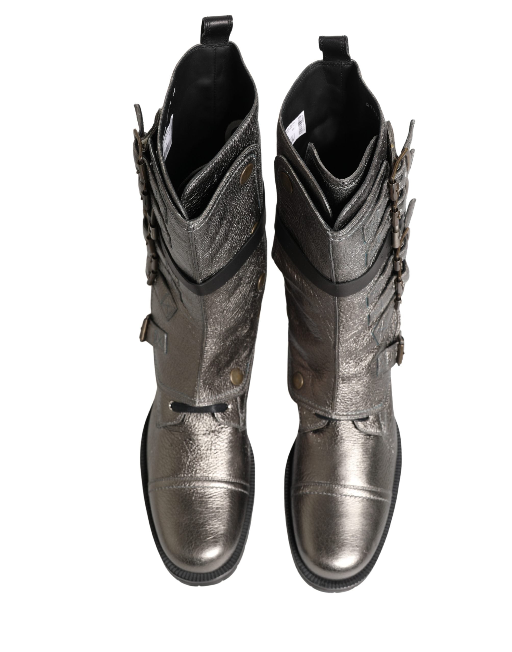 Elevate your style with Dolce & Gabbana's Metallic Silver Combat Biker Boots, a testament to Italian craftsmanship and luxurious design, perfect for the discerning fashion connoisseur.