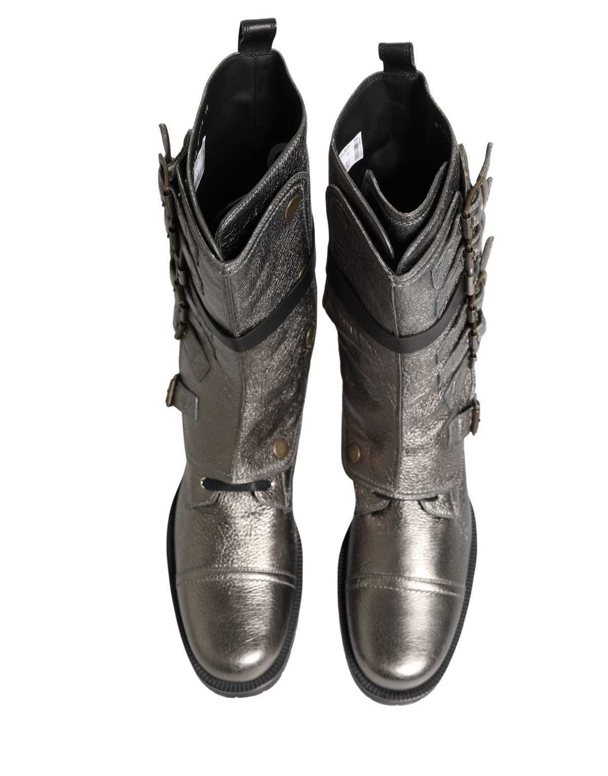 Elevate your style with Dolce & Gabbana's Metallic Silver Combat Biker Boots, where artisanal leather craftsmanship meets bold luxury for the discerning individual.