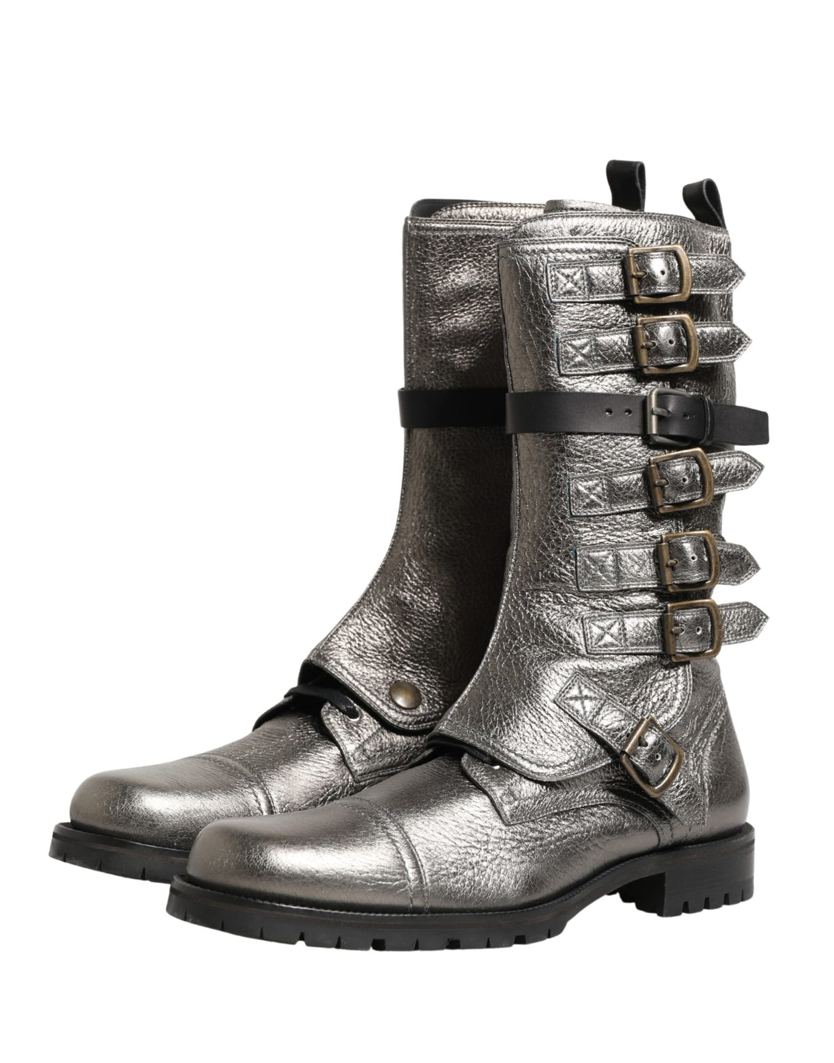 Step into unparalleled elegance with Dolce & Gabbana's Metallic Silver Combat Biker Boots, where artisanal craftsmanship meets bold sophistication for the discerning individual.