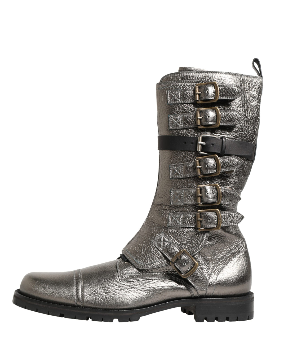 Elevate your style with Dolce & Gabbana's Metallic Silver Combat Biker Boots, where exquisite leather craftsmanship meets bold luxury for the discerning individual.