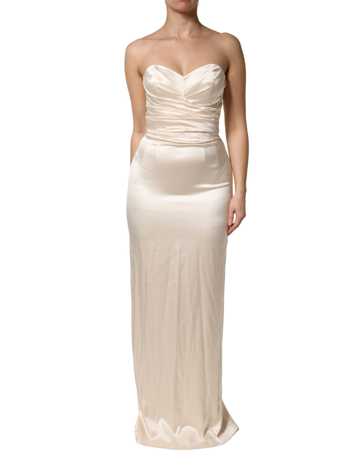 Indulge in the exquisite elegance of the Dolce & Gabbana White Satin Strapless Sheath Maxi Dress, a silk masterpiece that embodies sophistication and allure for unforgettable moments.