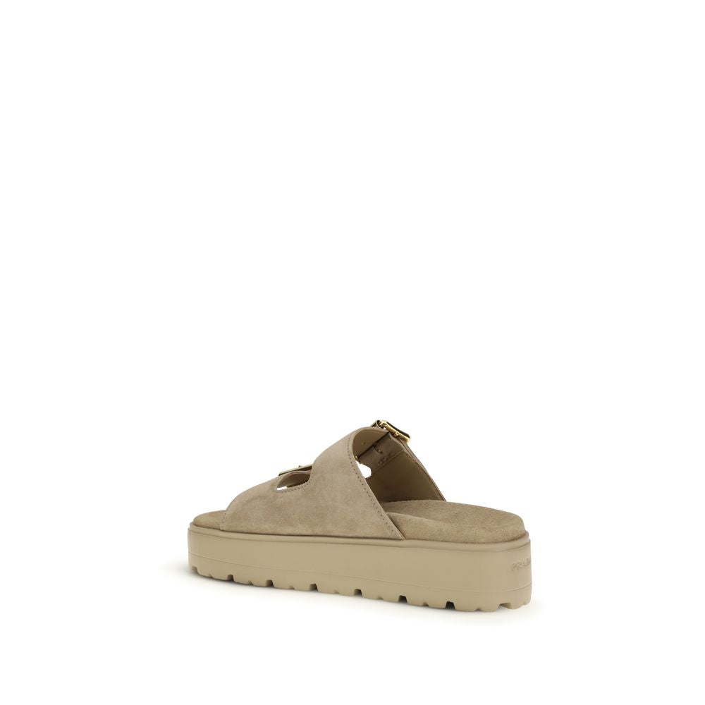 Experience the timeless elegance of Prada Beige Calf Leather Bos Taurus Platform Sandals, where exquisite craftsmanship meets modern luxury for the discerning individual.