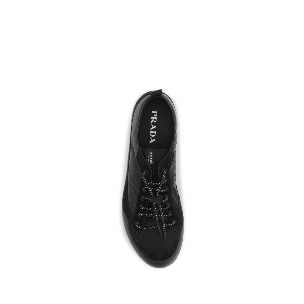 Experience the exquisite craftsmanship of Prada Black Calf Leather Bos Taurus Athletic Sneakers, where luxurious materials meet timeless style for discerning individuals.