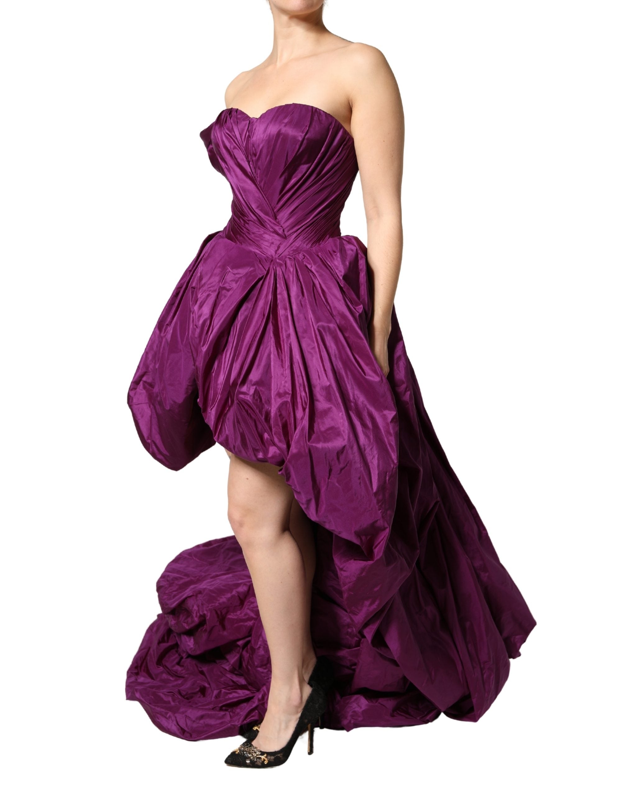 Elevate your elegance with the Dolce & Gabbana Purple Strapless A-line Asymmetric Dress, a luxurious silk masterpiece that embodies sophistication and allure for unforgettable moments.