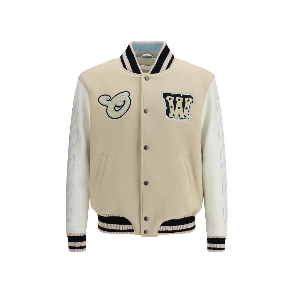 Experience the Off-White Beige Wool Bomber, a luxurious blend of leather and wool from the SS26 collection, where timeless elegance meets contemporary sophistication.