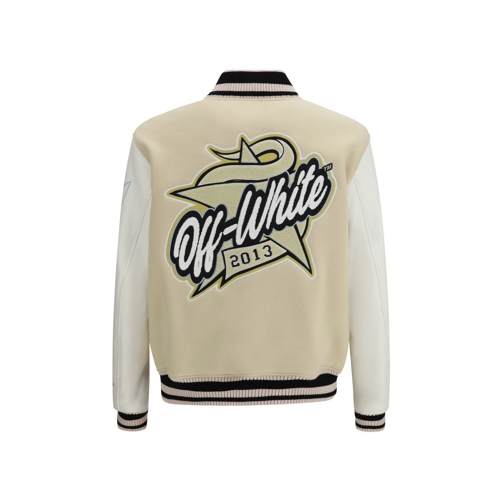 Discover the Off-White Beige Wool Bomber, a luxurious blend of leather and wool from the SS26 collection, embodying timeless elegance and modern sophistication.