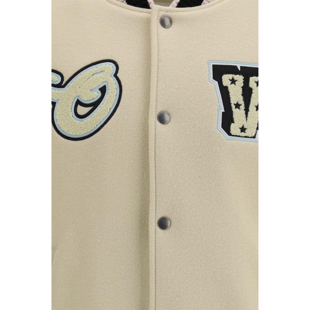 Elevate your wardrobe with the Off-White Beige Wool Bomber, a luxurious blend of leather and wool, embodying timeless elegance and modern sophistication for discerning individuals.