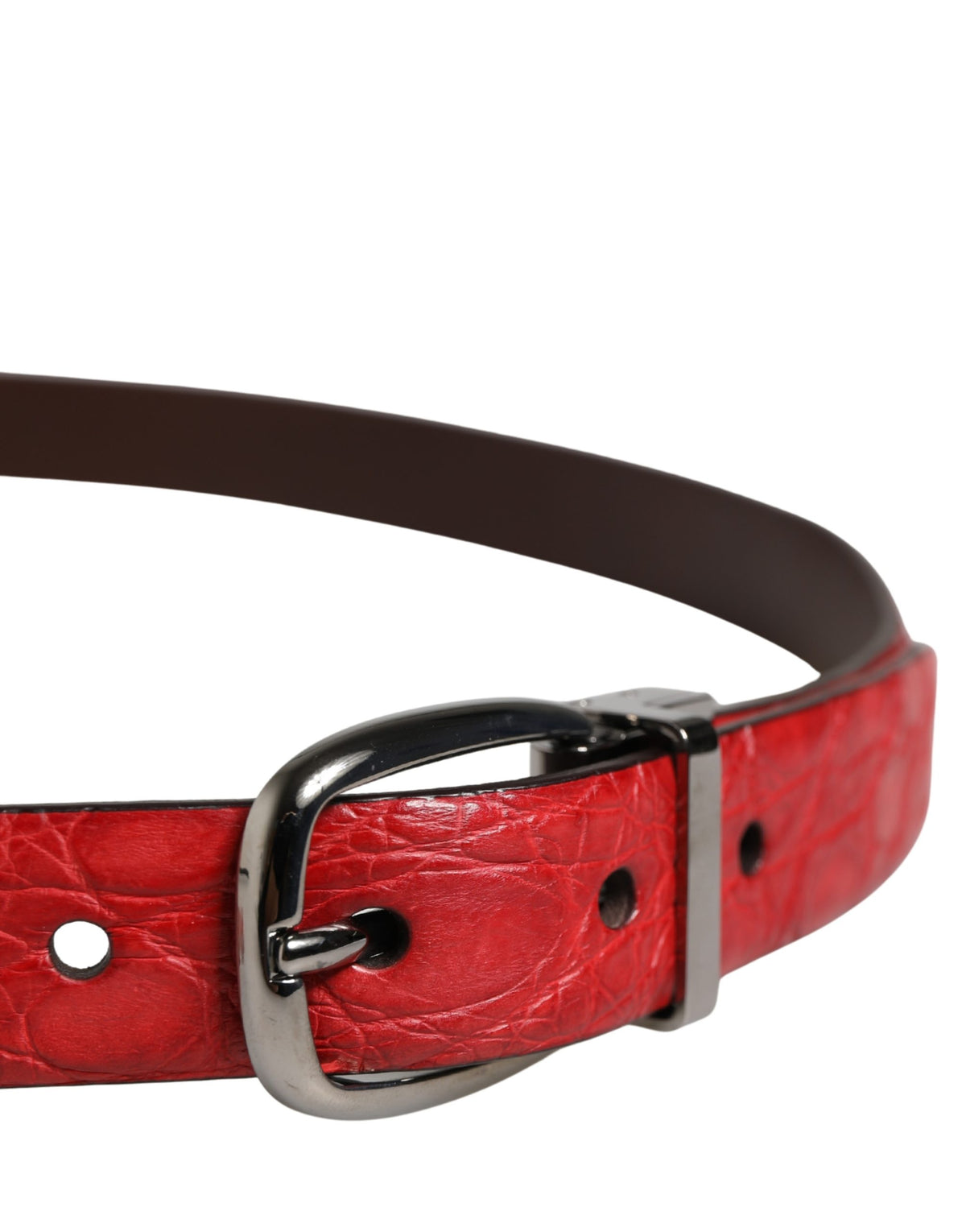 Dolce & Gabbana Red Caiman Leather Metal Buckle Belt - Luxury