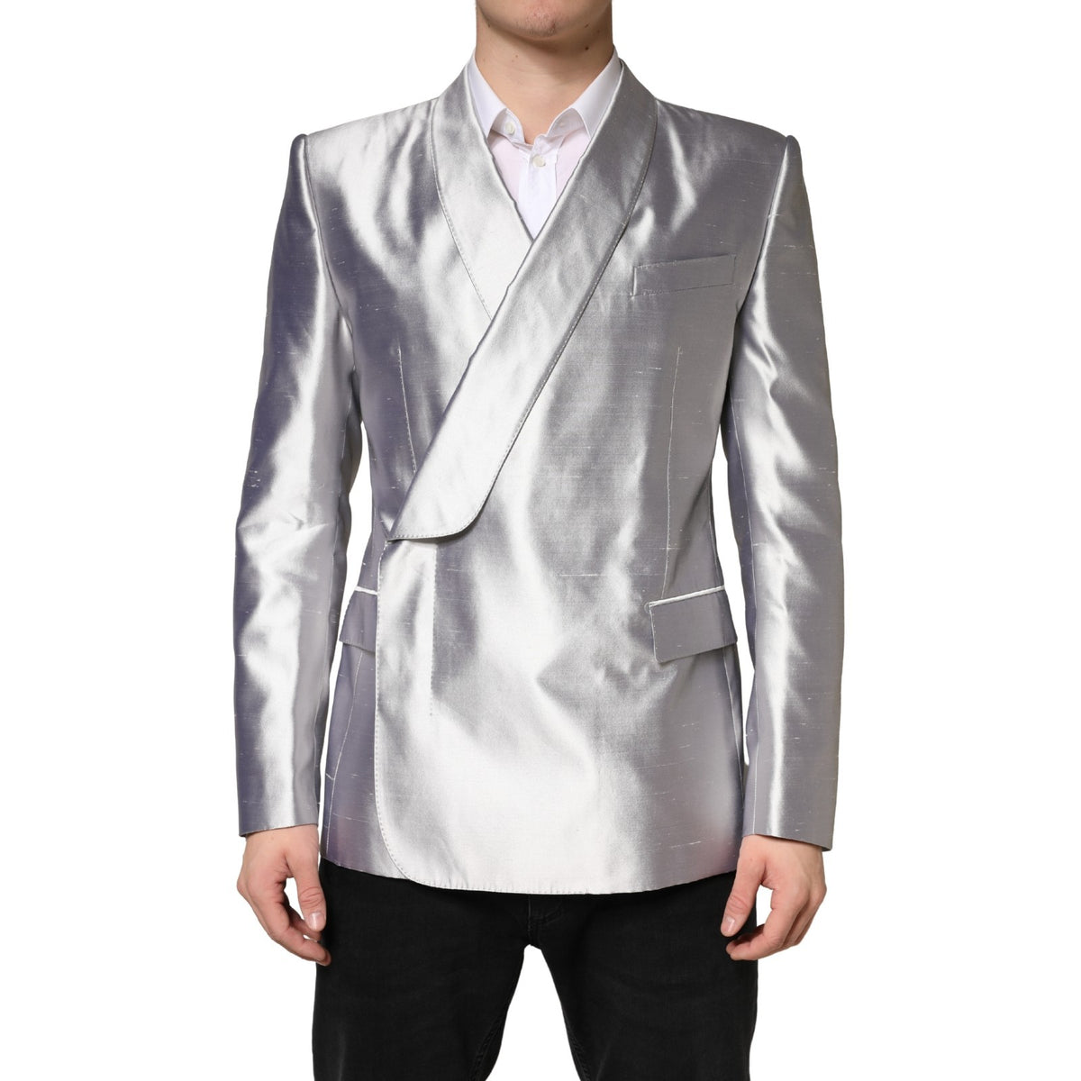 Indulge in the exquisite Dolce & Gabbana Silver SICILIA Silk Double Breasted Blazer, a masterpiece of Italian craftsmanship that elevates your elegance and allure.