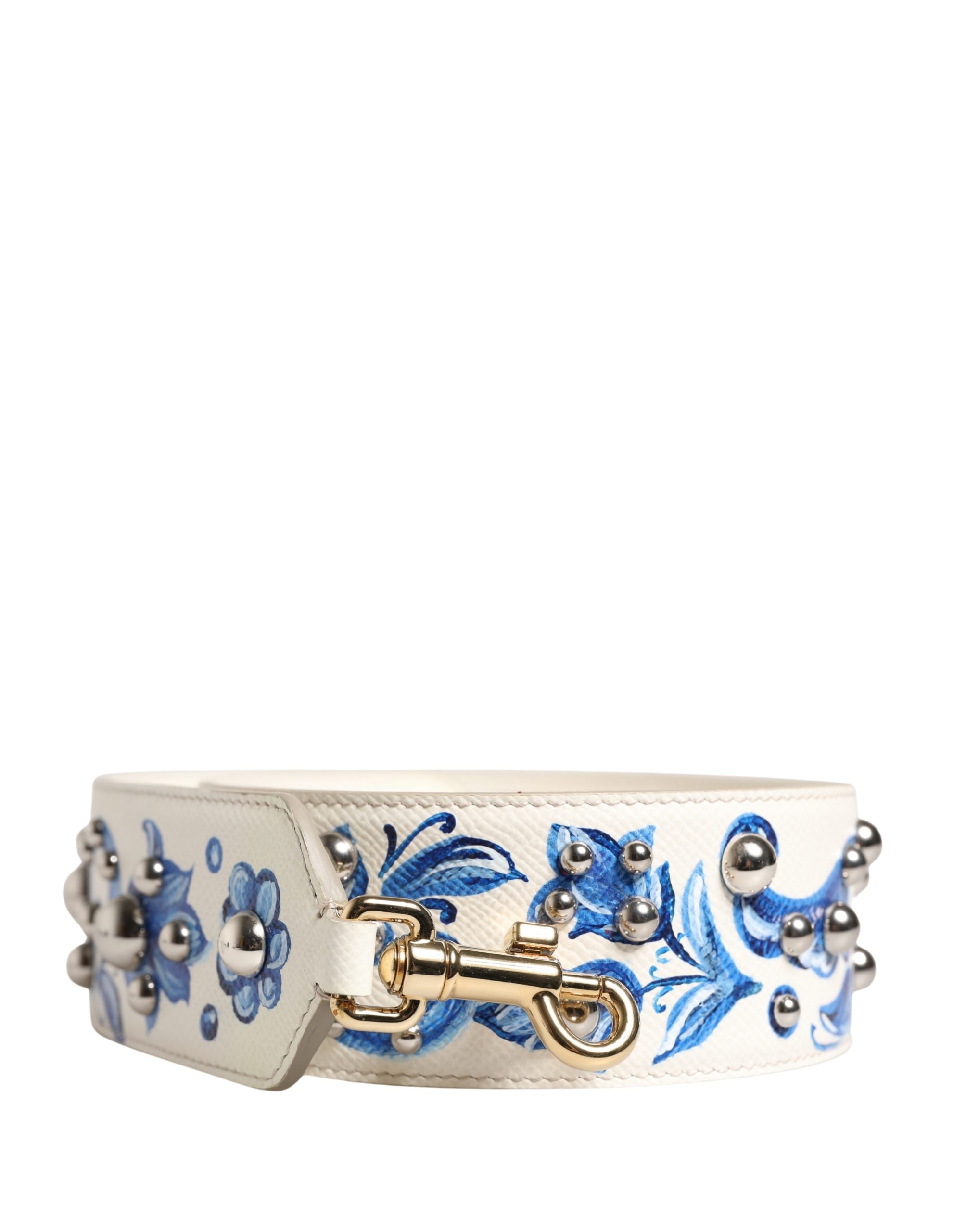 Elevate your style with the Dolce & Gabbana White Blue Floral Leather Stud Accessory Shoulder Strap, a luxurious blend of exquisite craftsmanship and timeless elegance.
