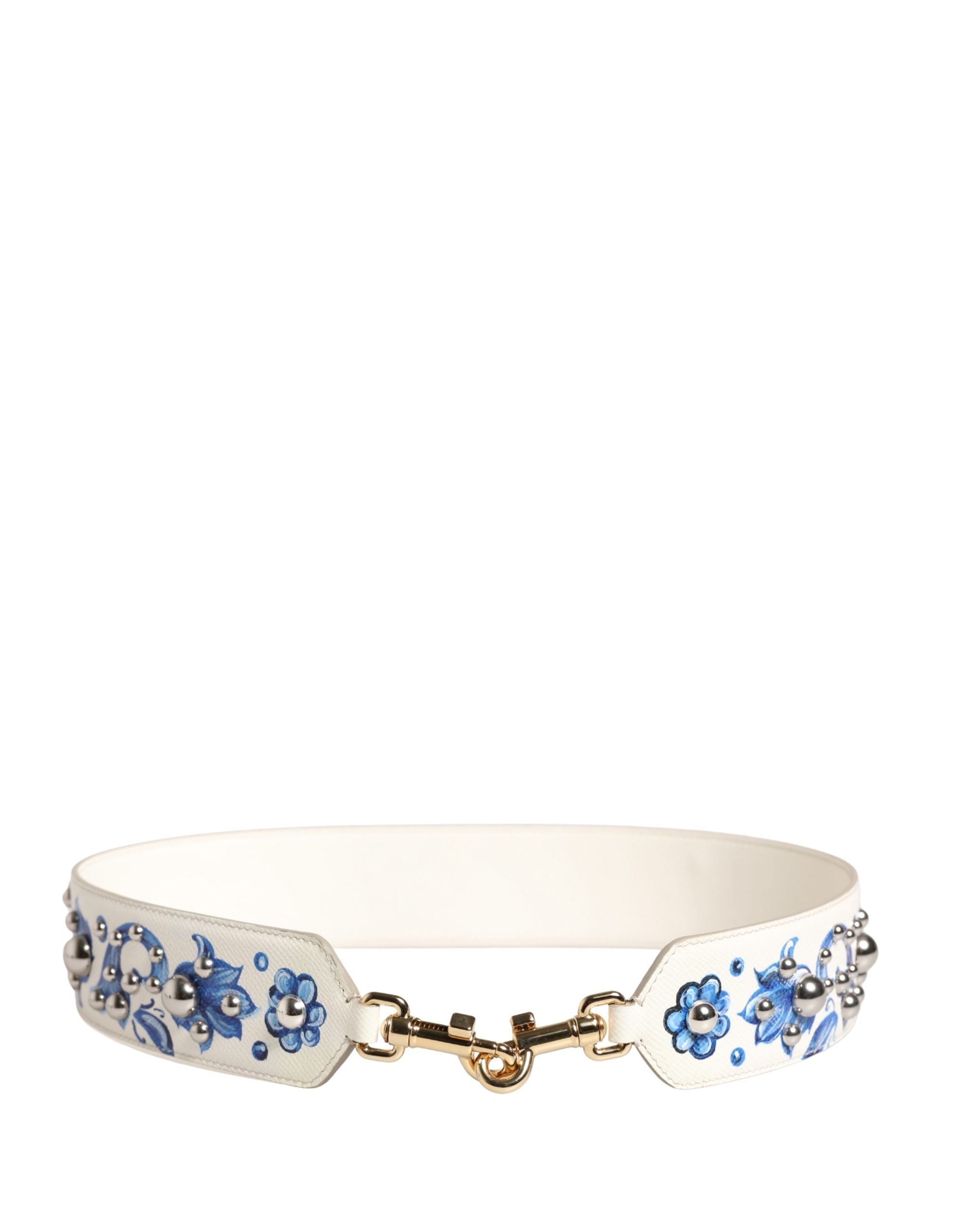 Elevate your style with the Dolce & Gabbana White Blue Floral Leather Stud Accessory Shoulder Strap, a luxurious blend of exquisite craftsmanship and timeless elegance.