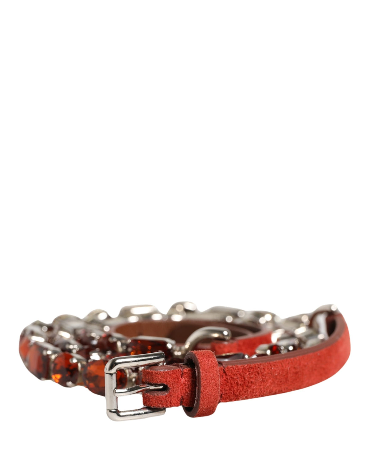 Indulge in the opulence of the Dolce & Gabbana Red Velvet Crystals Chain Embellished Belt, a luxurious blend of goat leather and crystals that elevates any ensemble with timeless elegance.