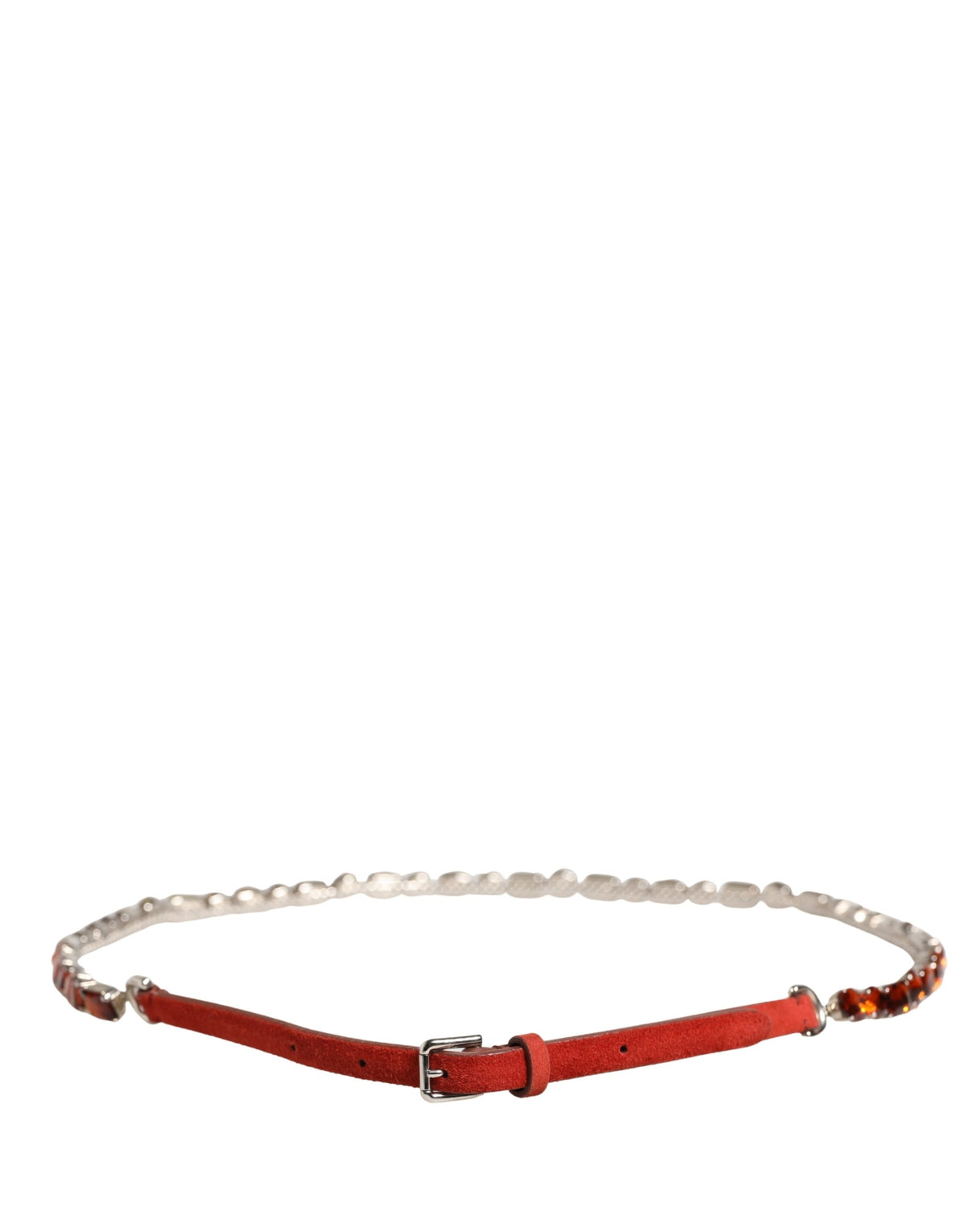 Indulge in the exquisite Dolce & Gabbana Red Velvet Crystals Chain Embellished Belt, a luxurious blend of goat leather and crystals, embodying timeless elegance and sophistication.