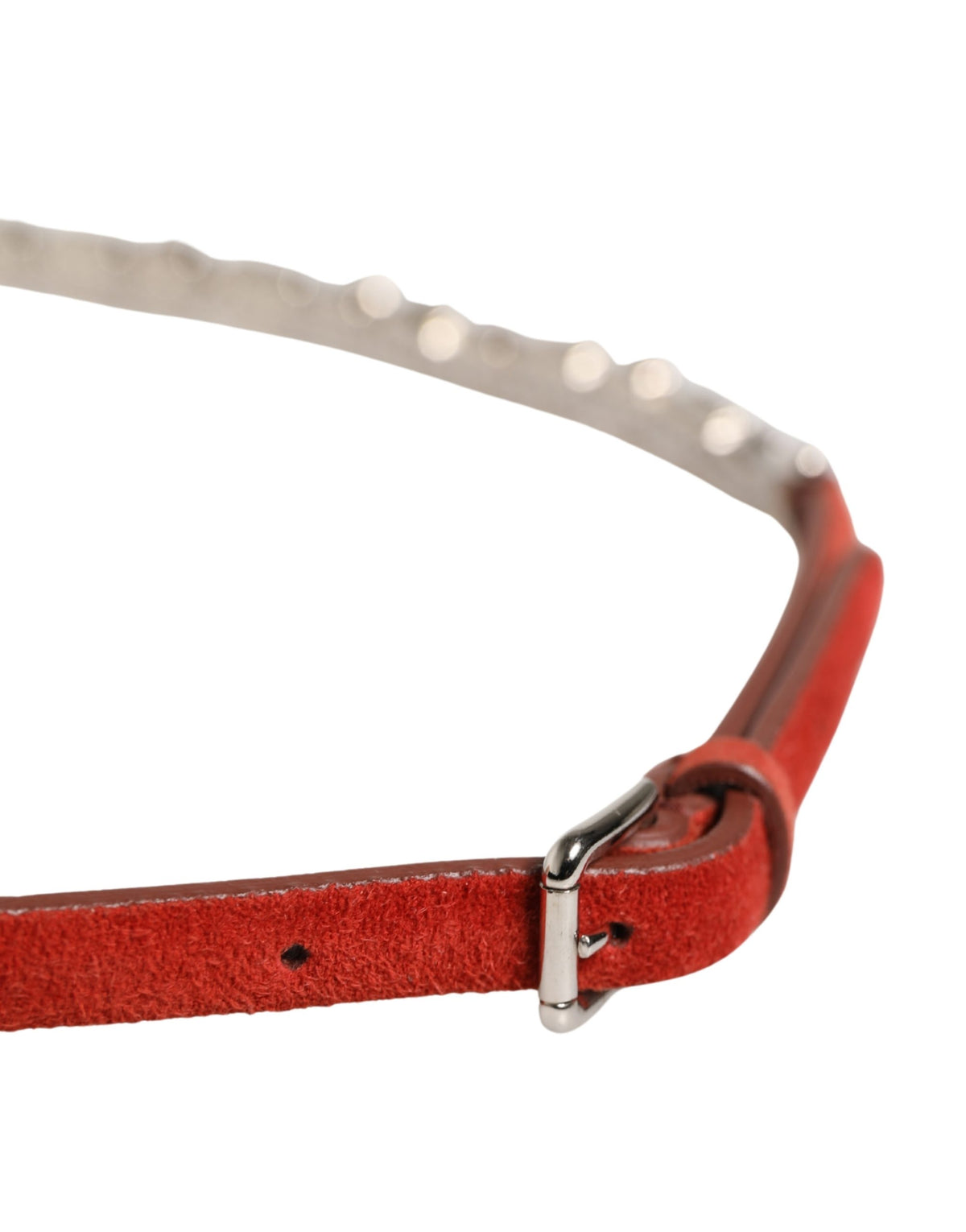 Indulge in the opulence of the Dolce & Gabbana Red Velvet Crystals Chain Embellished Belt, a luxurious masterpiece crafted from goat leather and adorned with striking crystals, perfect for elevating any ensemble.