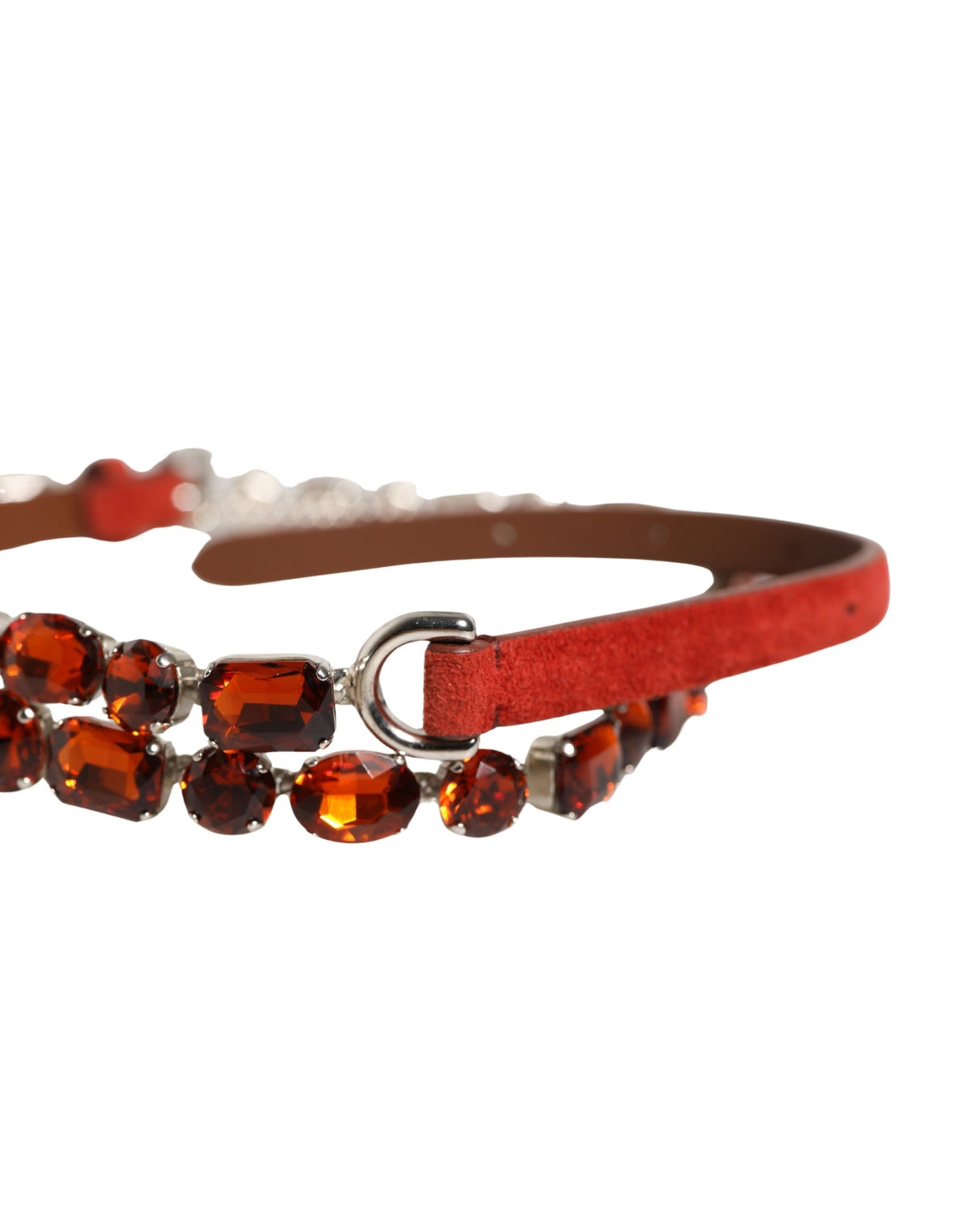 Indulge in the opulence of the Dolce & Gabbana Red Velvet Crystals Chain Embellished Belt, a luxurious blend of goat leather and striking crystals that elevates your style.