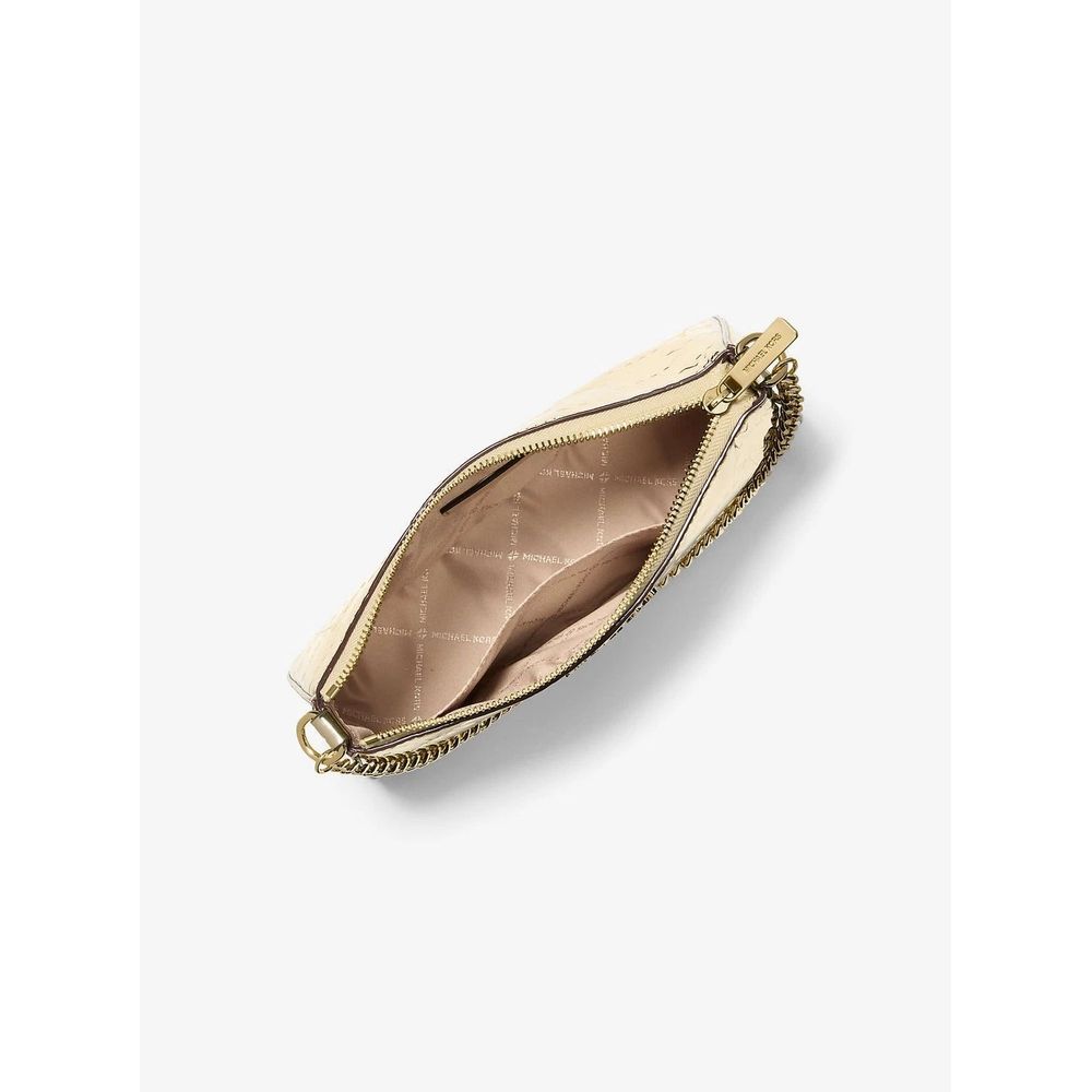 Discover the Michael Kors Gold Canvas Clutch Bag, a luxurious embodiment of elegance and sophistication, perfect for elevating any ensemble with its exquisite craftsmanship.