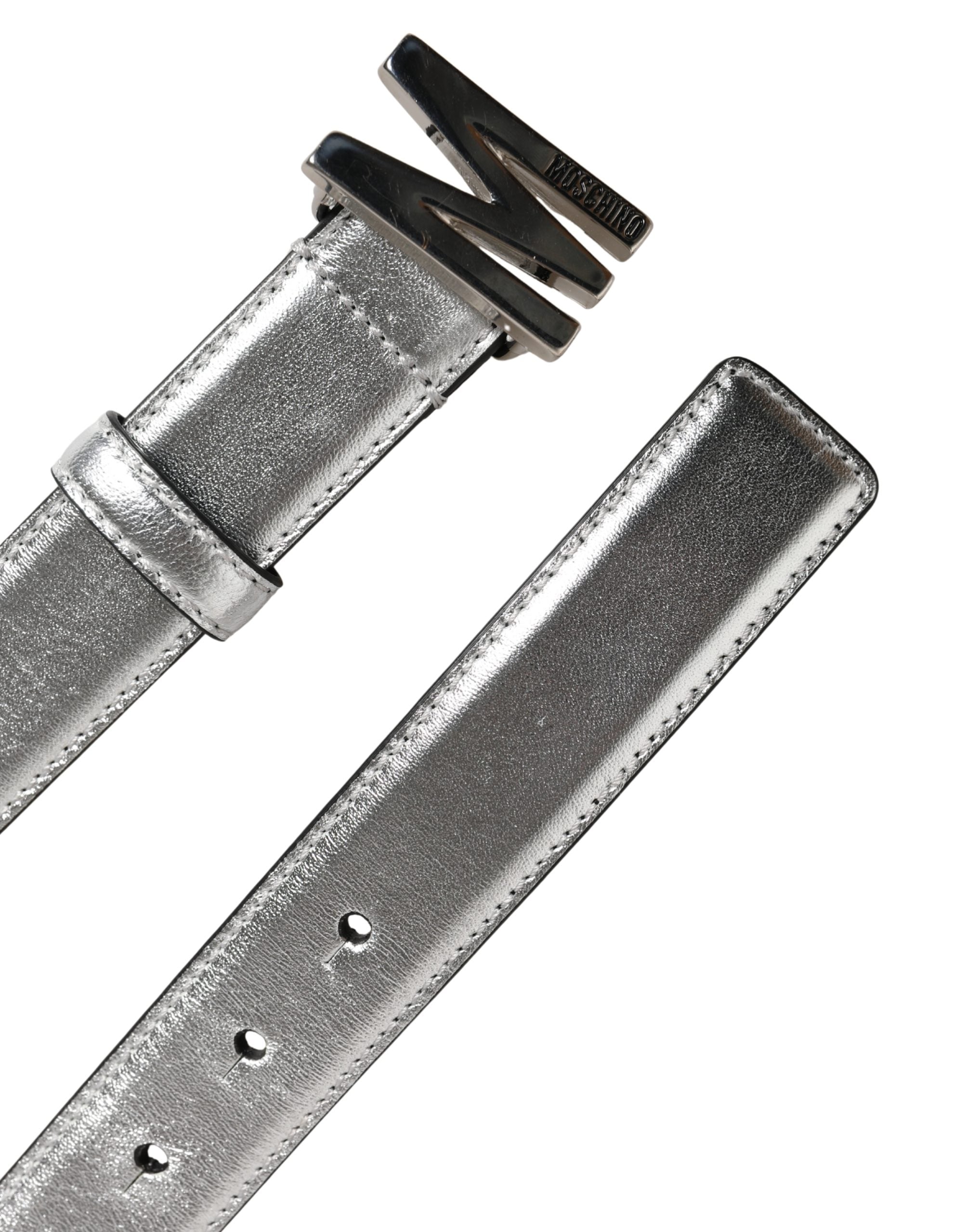Moschino Couture Silver Leather Logo Metal Buckle Waist Belt