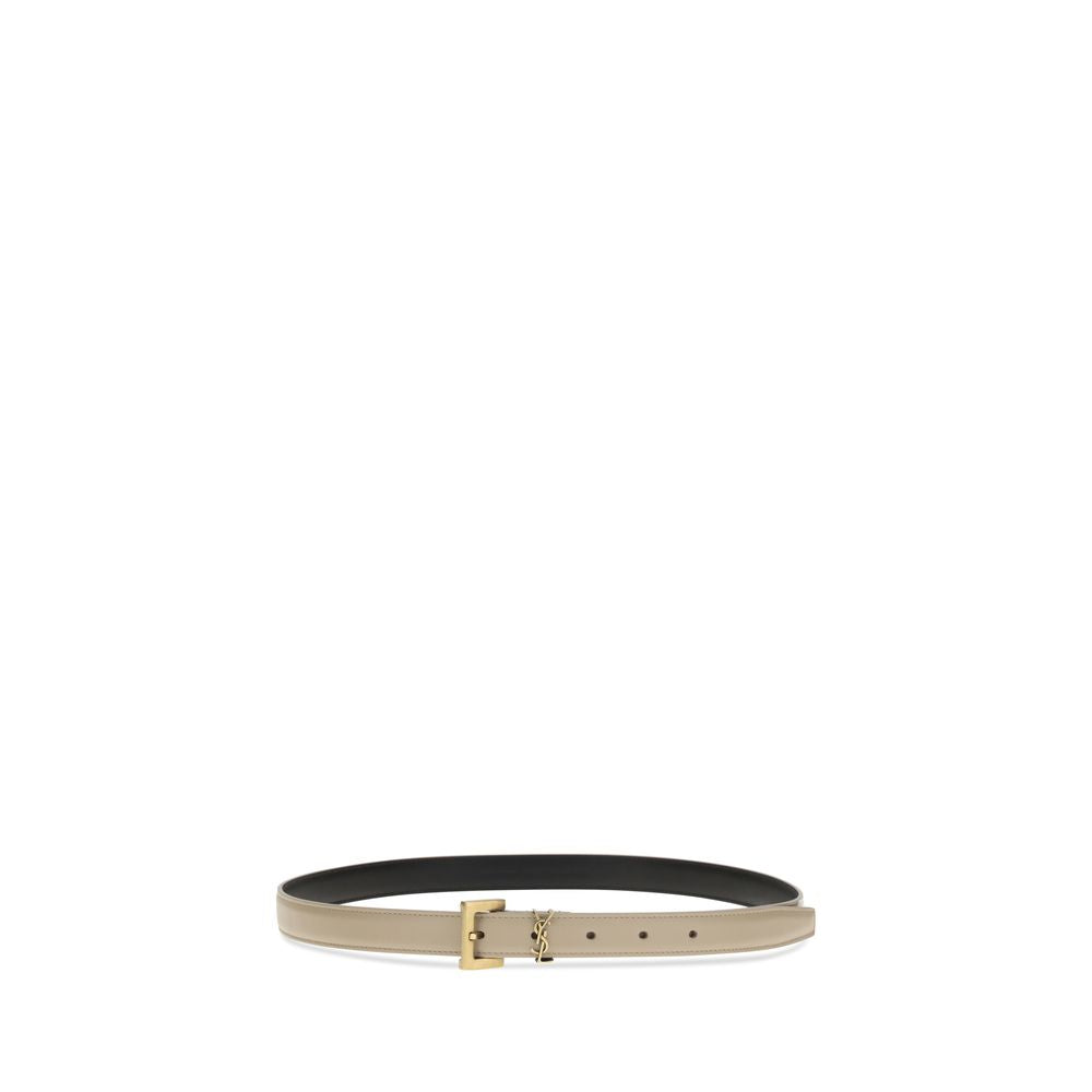 Discover the Saint Laurent Beige Calf Leather Bos Taurus Thin Belt, a masterpiece of refined craftsmanship that elevates your style with understated elegance and luxury.