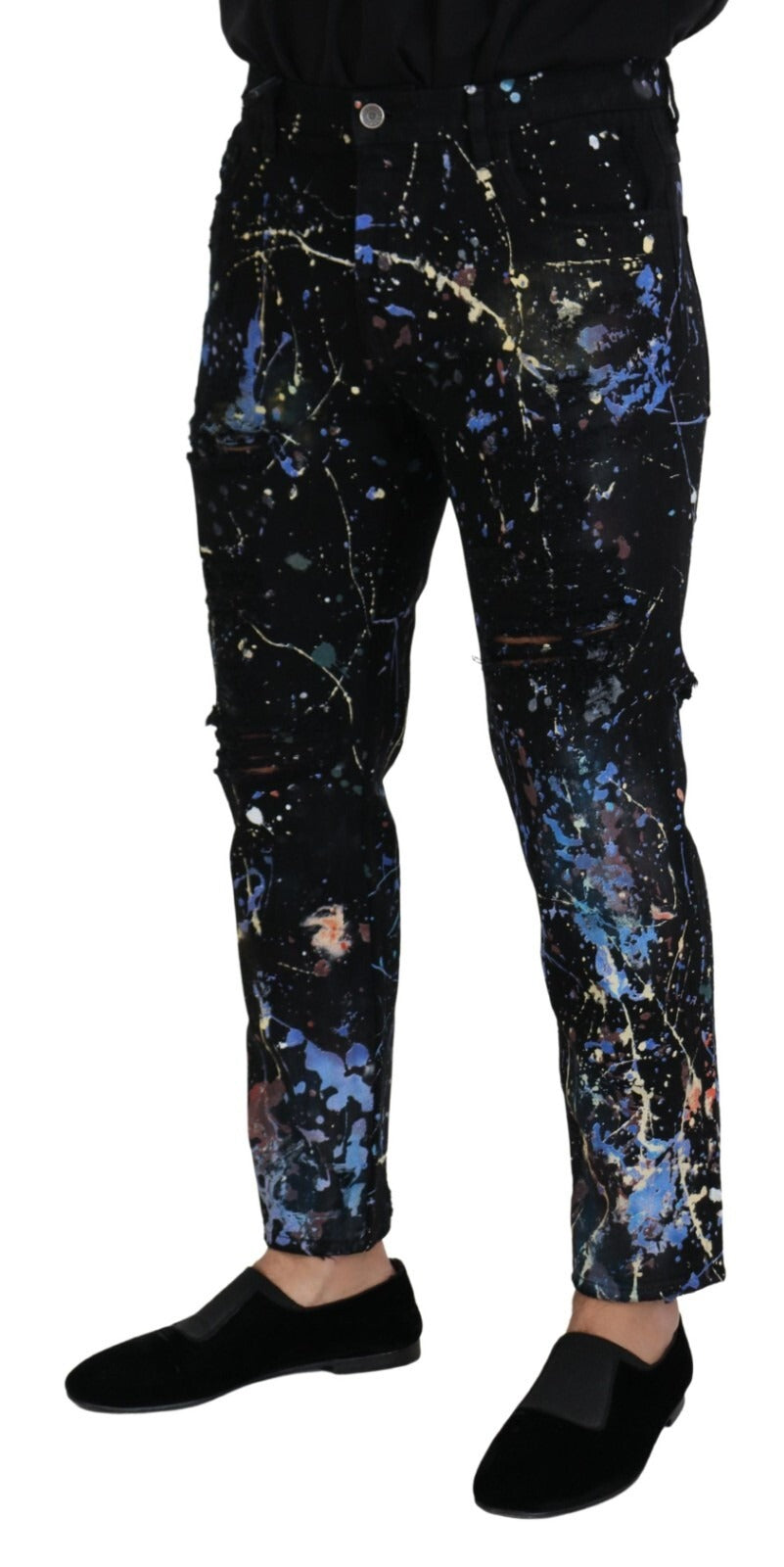 Experience the exquisite craftsmanship of Dolce & Gabbana's Black Cotton Color Splash Print Denim Jeans, a luxurious blend of artistry and elegance for the discerning individual.
