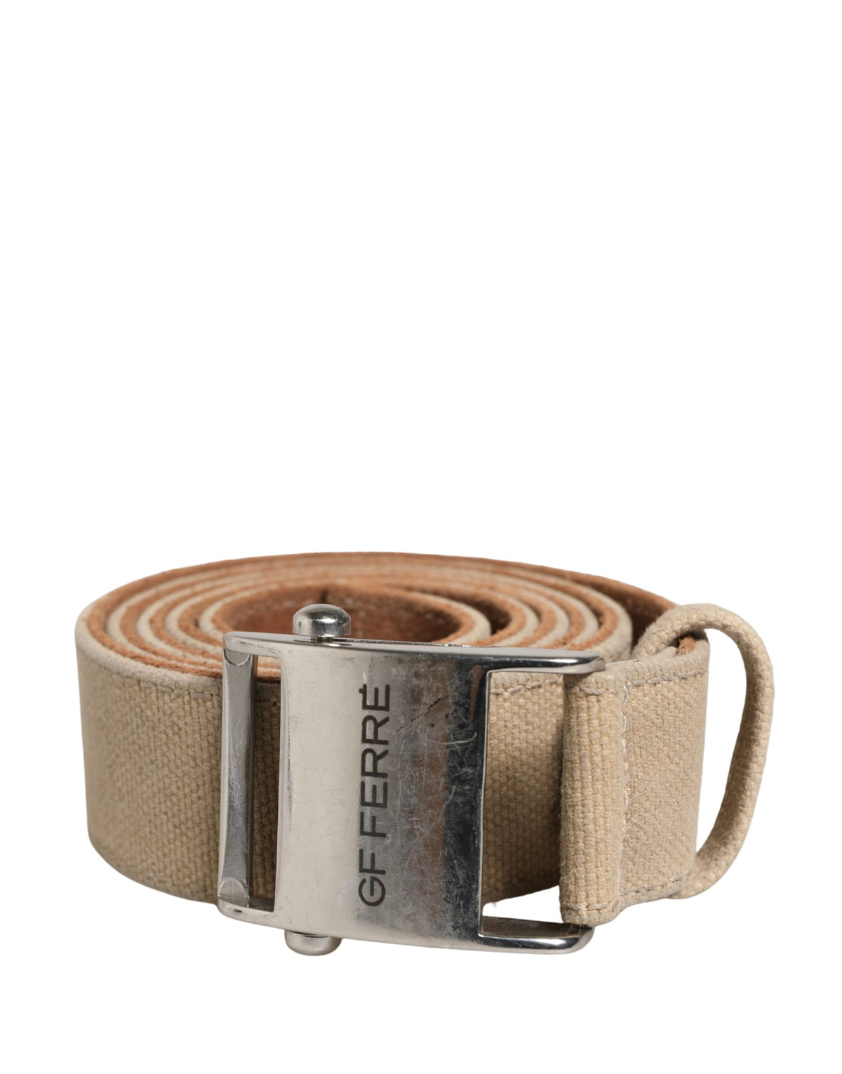 Indulge in the exquisite GF Ferre Men Beige Canvas Silver Metal Buckle Cintura Belt, a testament to Italian craftsmanship that elevates every ensemble with timeless elegance.
