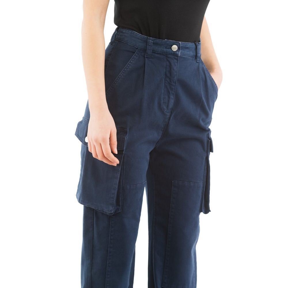 Elevate your style with Moschino Blue Cotton Cargo Pants, crafted from 100% cotton for unparalleled luxury and comfort, perfect for the discerning fashion aficionado.