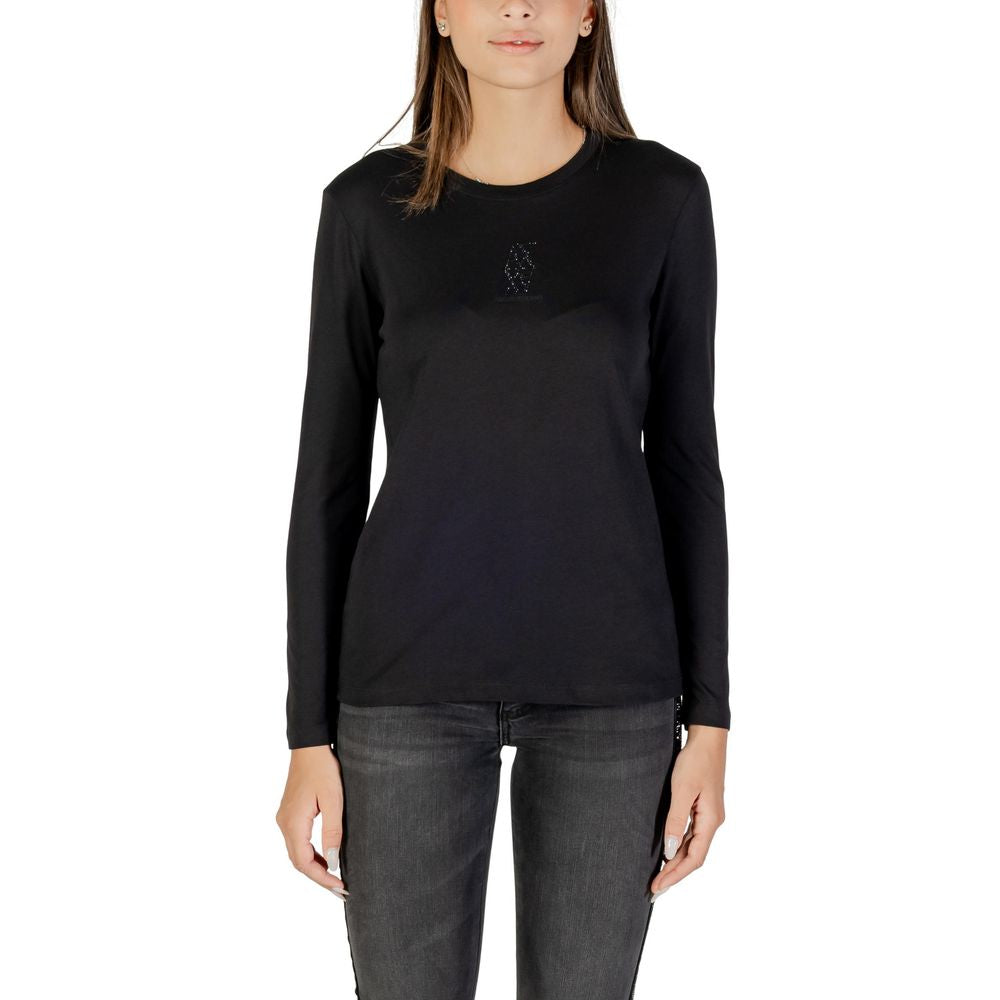 Elevate your wardrobe with the Armani Exchange Black Cotton Long Sleeve T-Shirt, a luxurious essential crafted from pure cotton, designed for timeless elegance and effortless style.