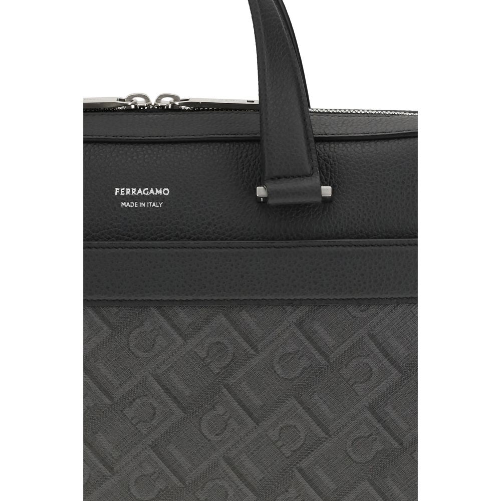 Discover the Ferragamo Gray Calf Leather Bos Taurus Briefcase, a blend of exquisite craftsmanship and timeless elegance, perfect for the discerning professional.