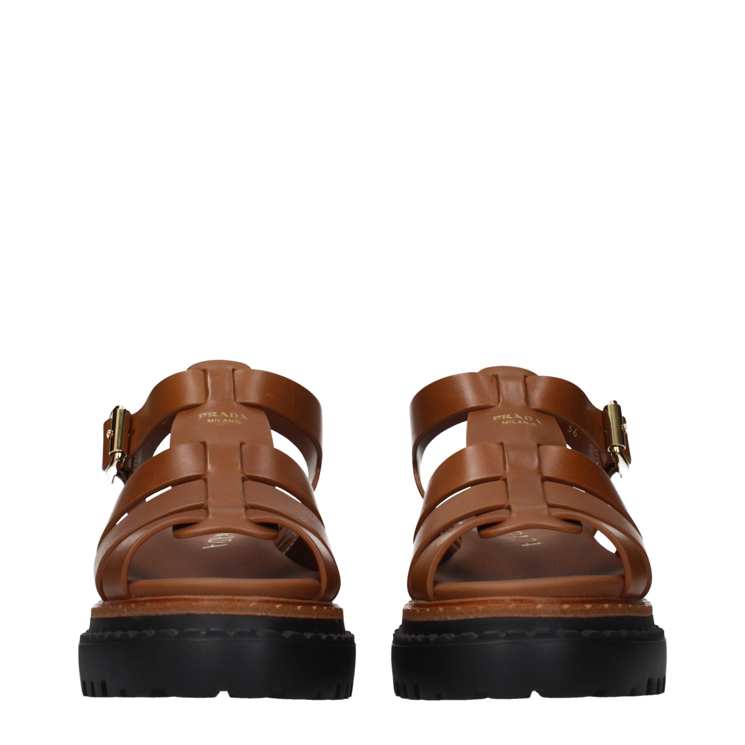 Indulge in the exquisite Prada Brown Leather Platform Sandals, where Italian craftsmanship meets timeless elegance, elevating your style with luxurious sophistication.