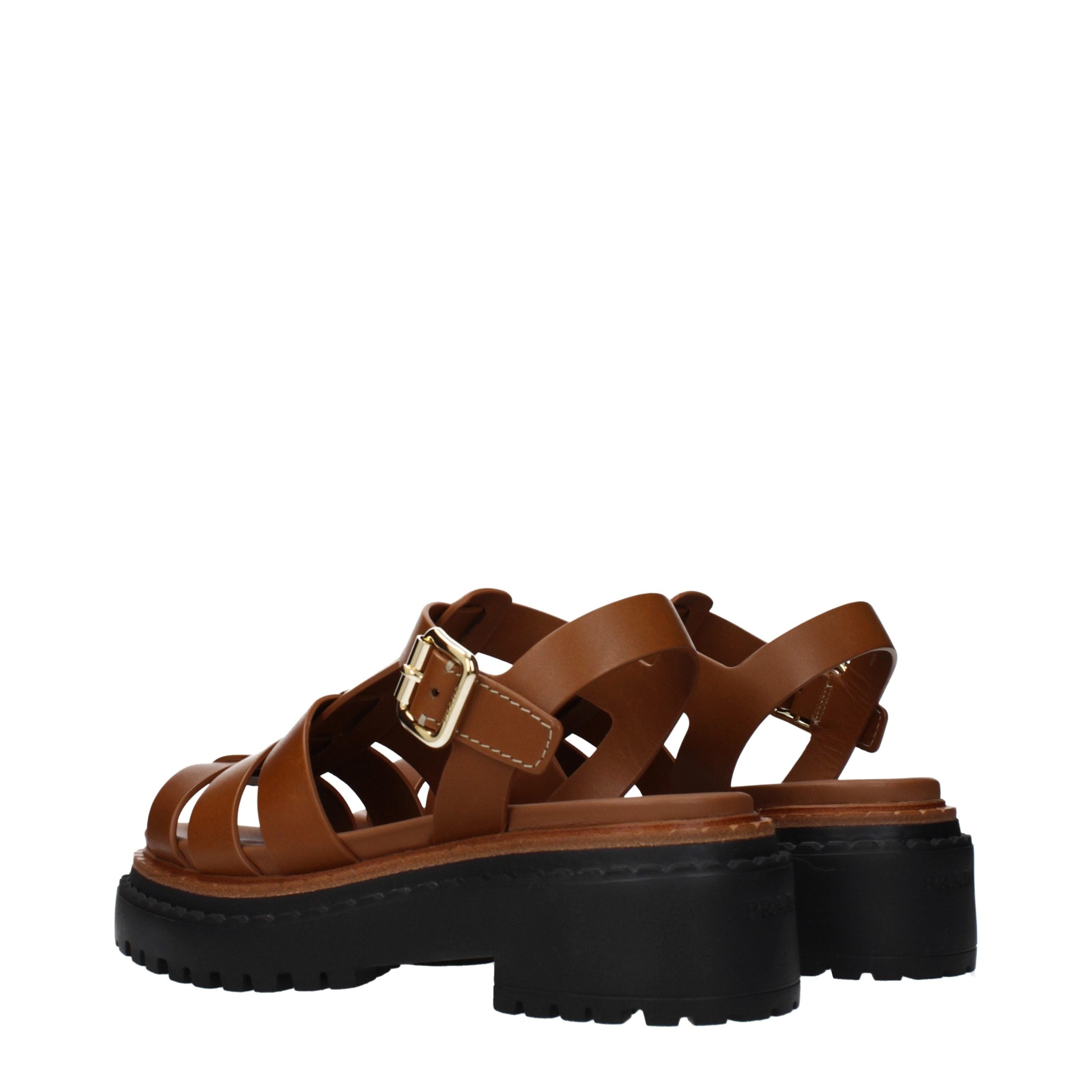 Indulge in the exquisite Prada Brown Leather Platform Sandals, a masterpiece of Italian craftsmanship that elevates your elegance and sophistication effortlessly.