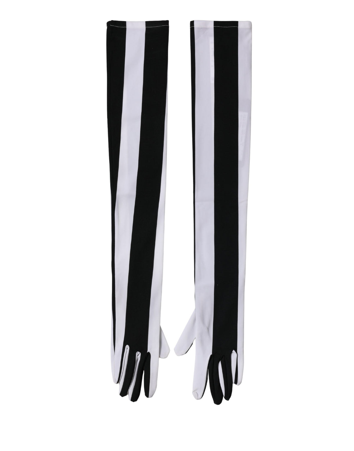 Elevate your elegance with Dolce & Gabbana's Black White Stripes Elbow Length Gloves, crafted in Italy from premium nylon and elastane, a true statement of luxury.