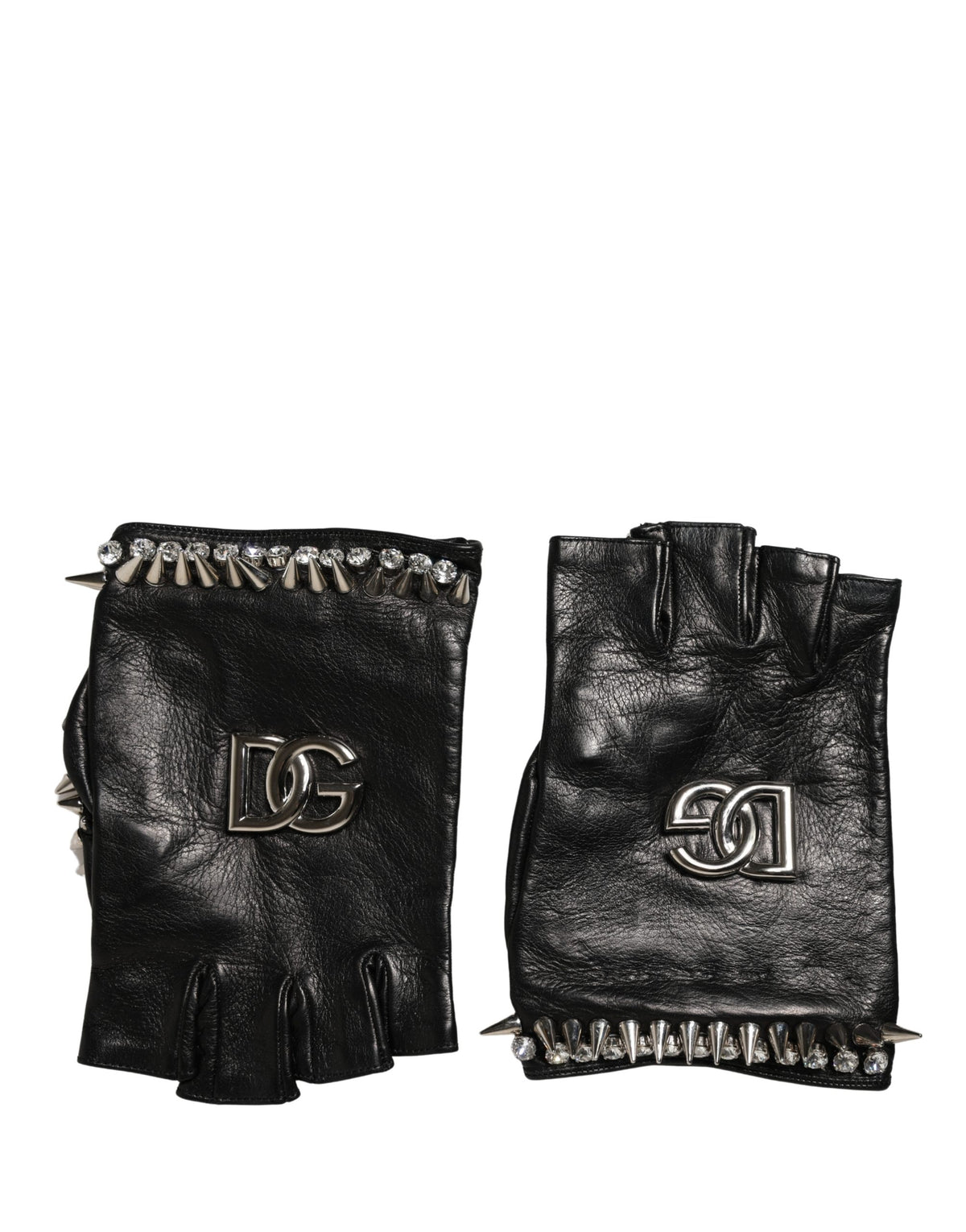 Indulge in the exquisite Dolce & Gabbana Black Embellished Leather Fingerless Gloves, crafted from 100% genuine leather, where luxury meets functionality for a chic winter statement.