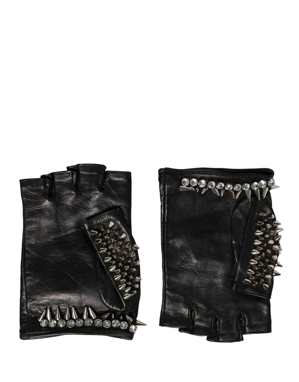 Indulge in the exquisite Dolce & Gabbana Black Embellished Leather Fingerless Gloves, a luxurious blend of genuine leather and Italian craftsmanship, perfect for elevating your winter elegance.