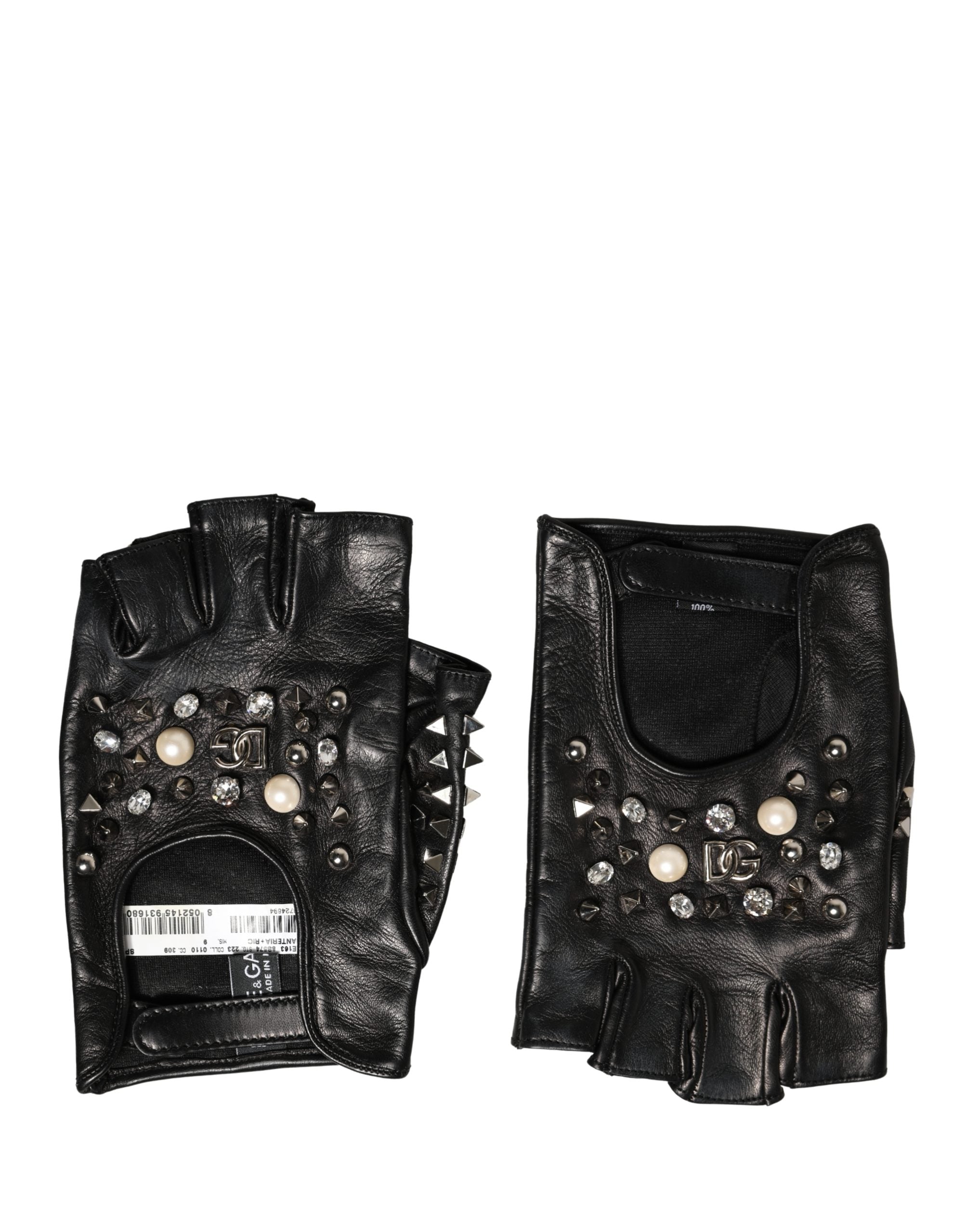 Experience the epitome of luxury with Dolce & Gabbana's Black Embellished Wrist Length Mitten Gloves, crafted from genuine leather for timeless elegance and warmth.