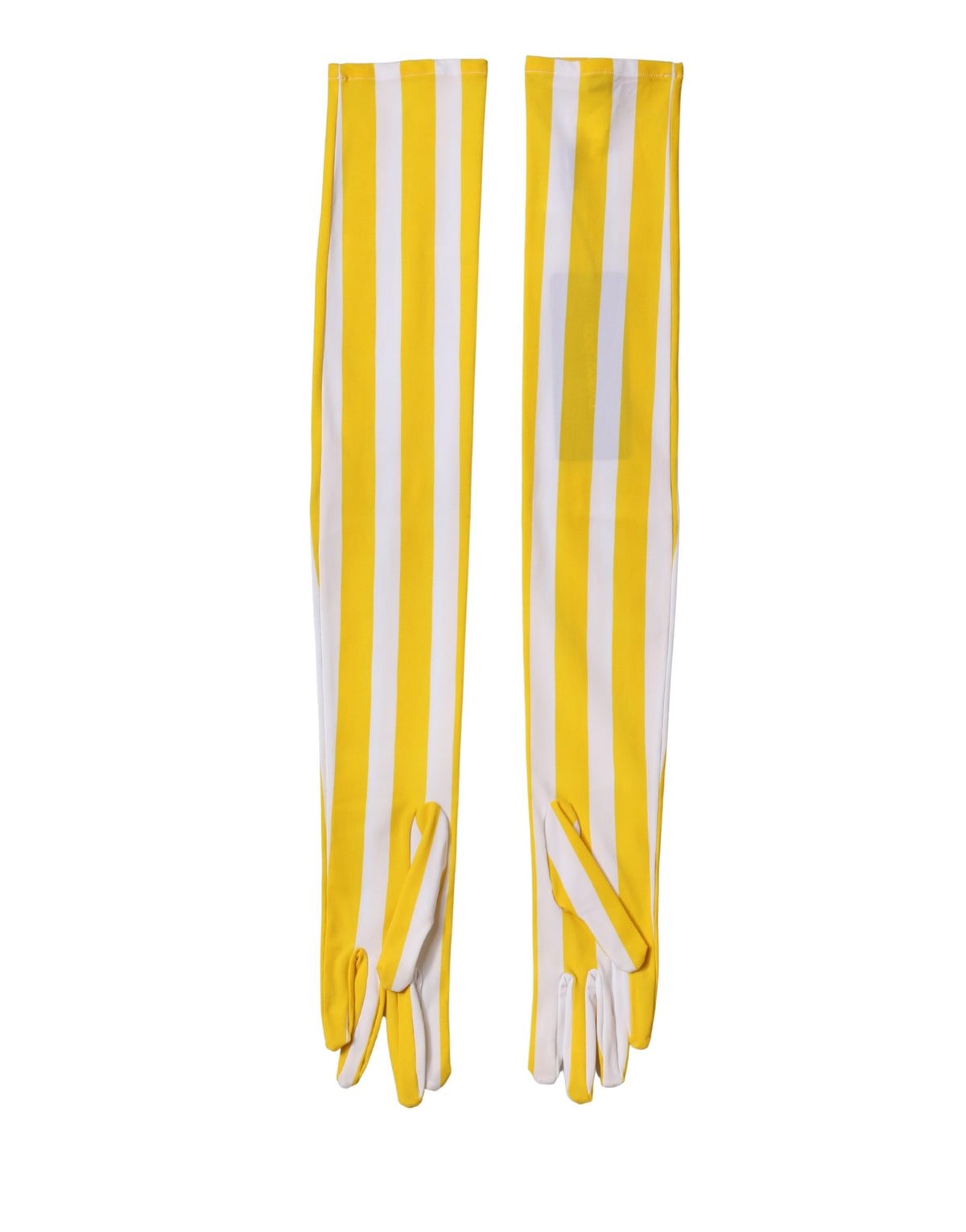 Indulge in the exquisite craftsmanship of Dolce & Gabbana's Yellow White Stripes Elbow Length Gloves, a luxurious blend of nylon and elastane that embodies timeless elegance.