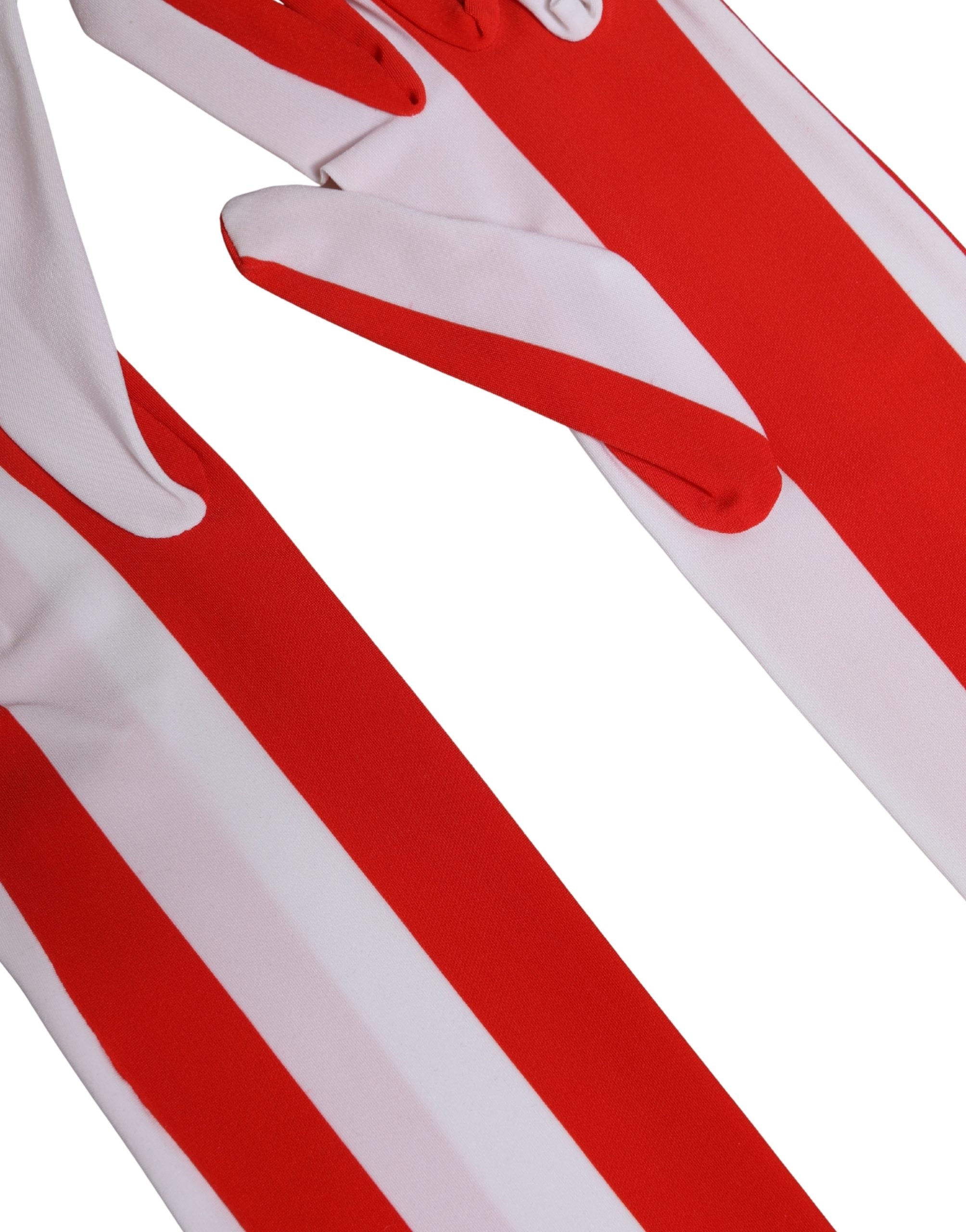 Indulge in the exquisite allure of Dolce & Gabbana's Red White Stripes Nylon Elbow Length Gloves, where Italian craftsmanship meets luxurious design for a statement of elegance.