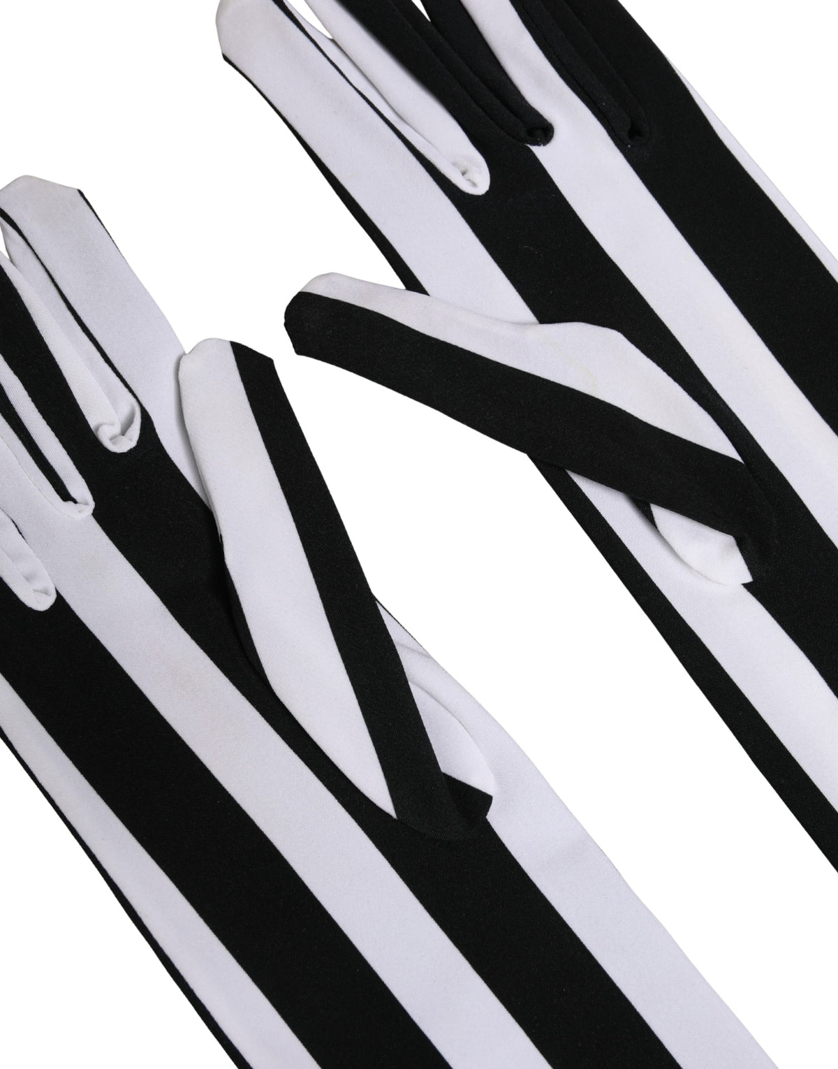 Elevate your elegance with Dolce & Gabbana's Black White Stripes Nylon Elbow Length Gloves, a luxurious blend of 28% elastane and 72% nylon, showcasing exquisite Italian craftsmanship.