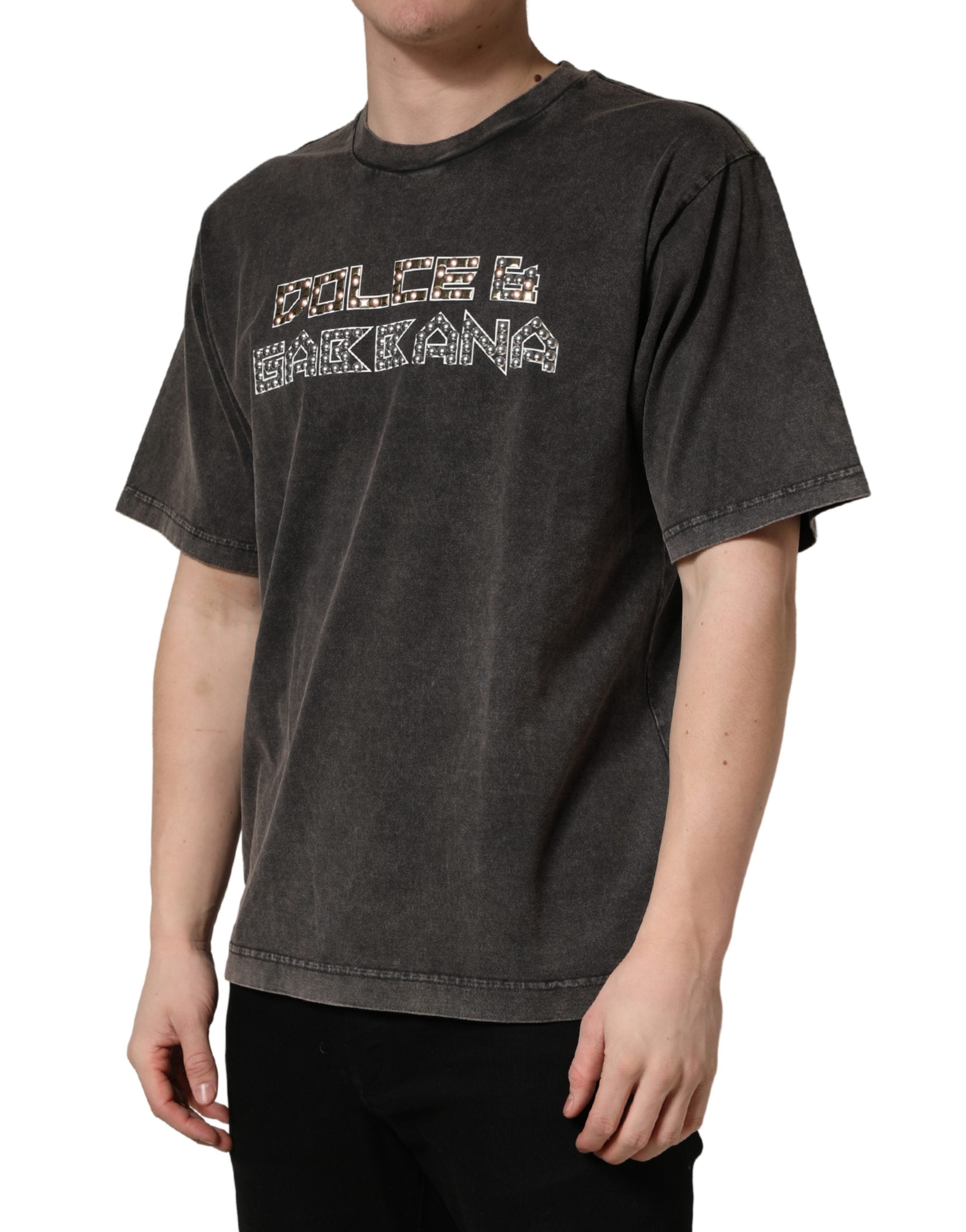 Indulge in the elegance of Dolce & Gabbana's Gray Logo Embellished Men Crew Neck T-shirt, a luxurious cotton masterpiece that embodies sophistication and timeless allure.
