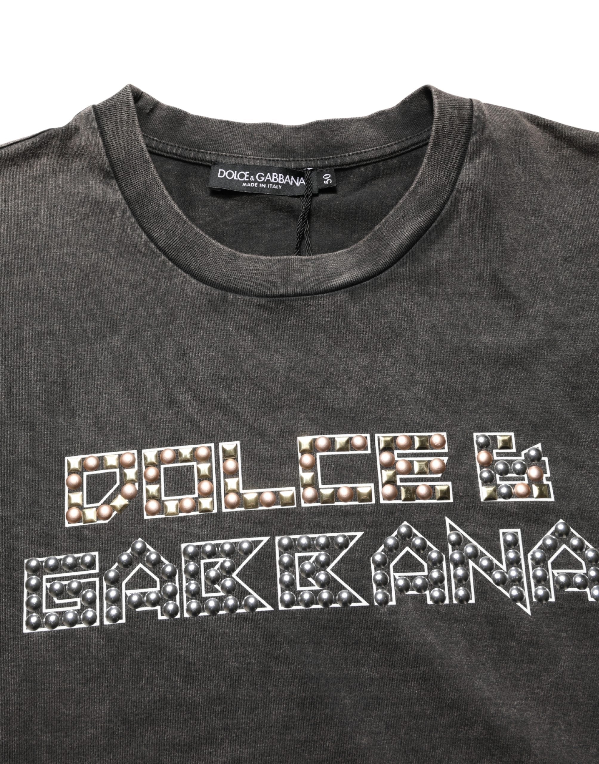 Indulge in the exquisite Dolce & Gabbana Gray Logo Embellished Crew Neck T-shirt, a testament to Italian craftsmanship and timeless elegance, perfect for the discerning individual.