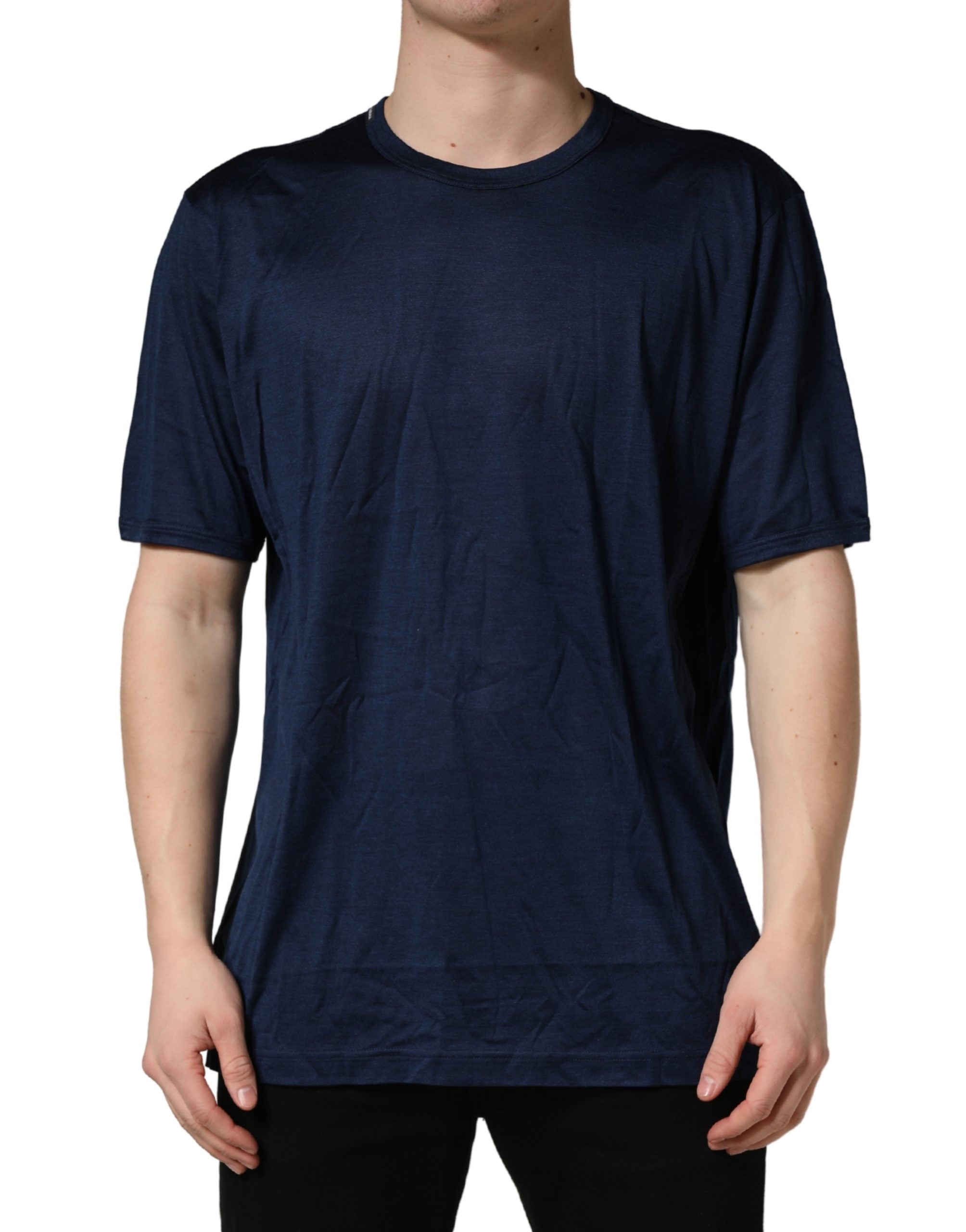 Dolce & Gabbana Dark Blue Silk Crew Neck T-shirt - Timeless Luxury