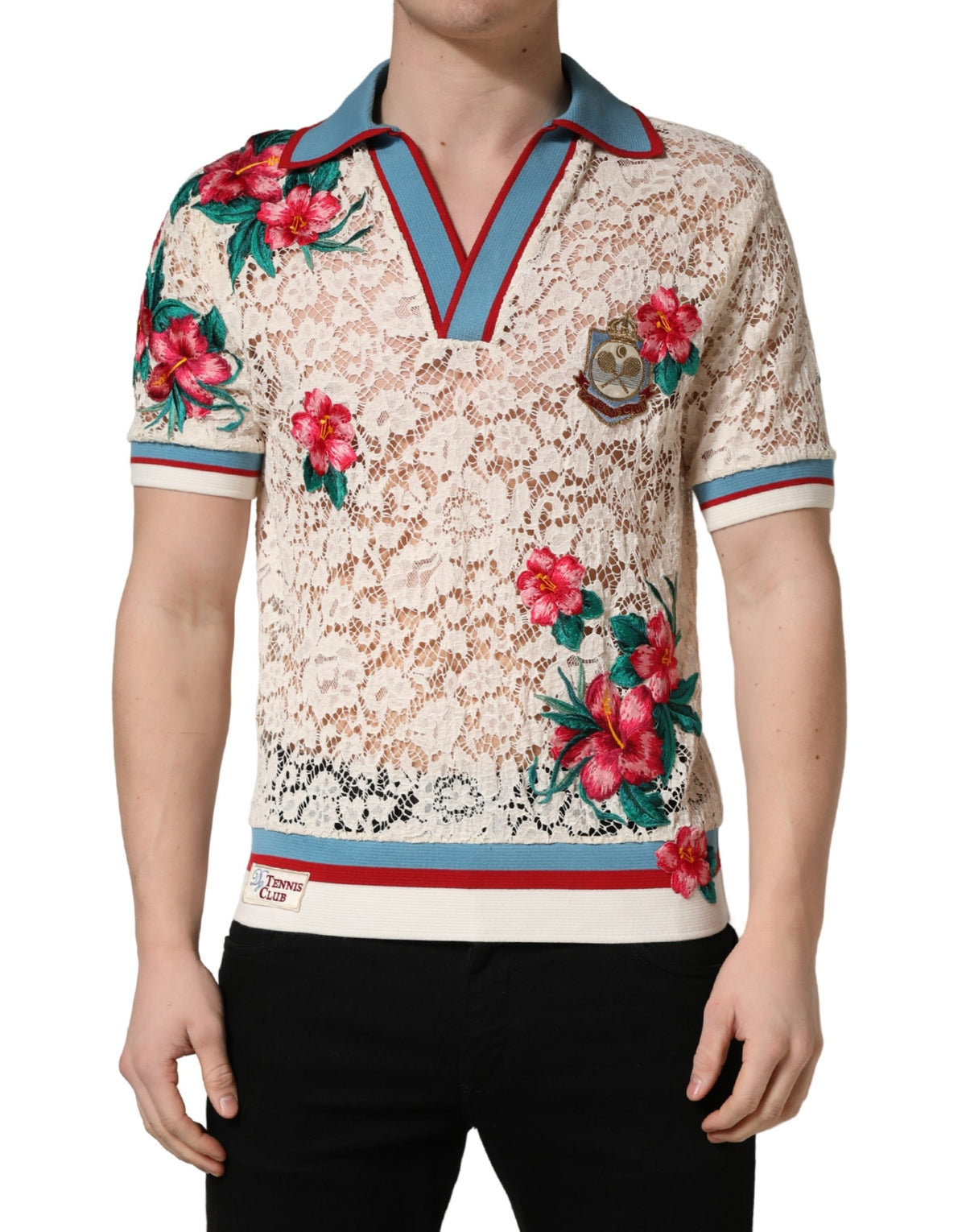 Discover the Dolce & Gabbana Beige Floral Tennis Club Lace Polo T-shirt, a testament to Italian craftsmanship, where luxurious materials meet timeless elegance for the discerning individual.