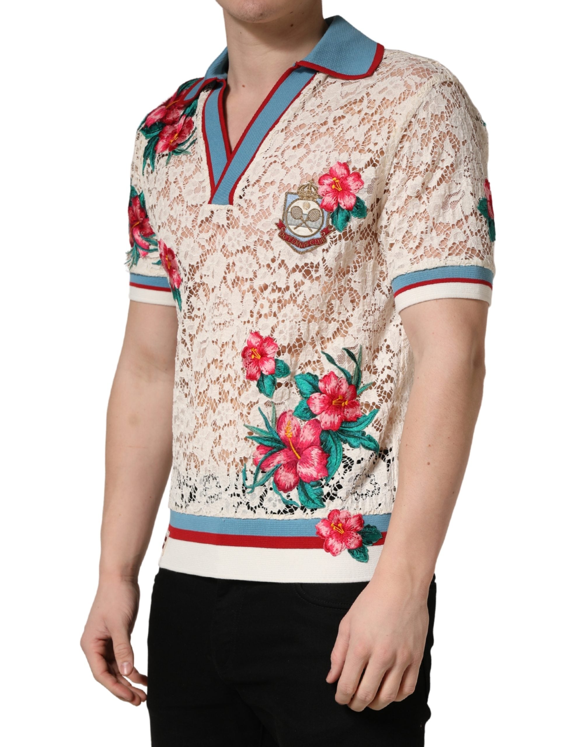 Discover the Dolce & Gabbana Beige Floral Tennis Club Lace Polo T-shirt, a blend of exquisite craftsmanship and luxurious materials, perfect for the discerning individual.